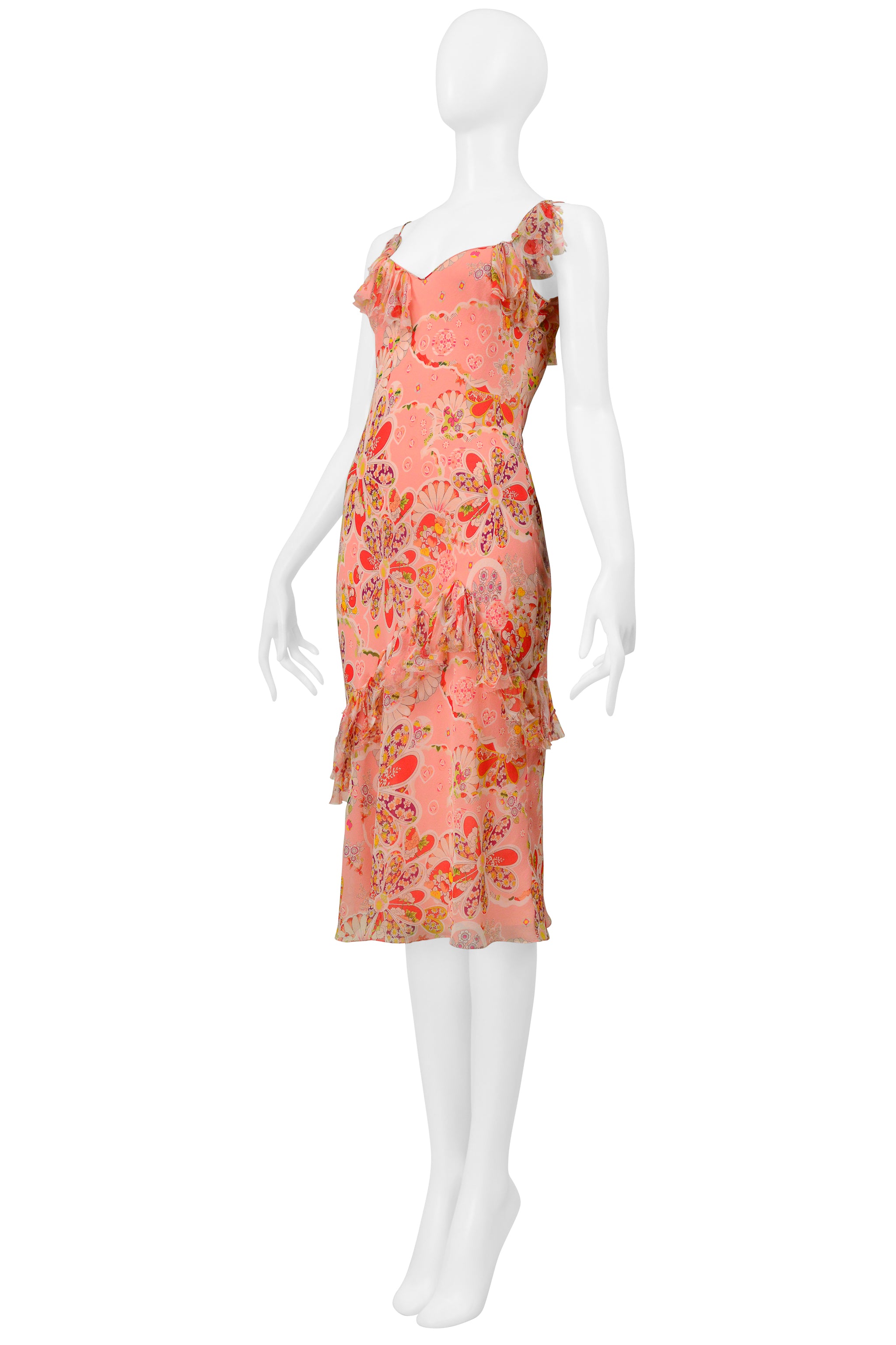 JOHN GALLIANO PINK FLORAL PRINTED SLIP DRESS WITH BOWS