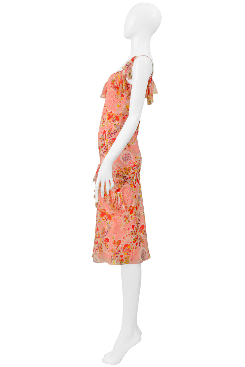JOHN GALLIANO PINK FLORAL PRINTED SLIP DRESS WITH BOWS