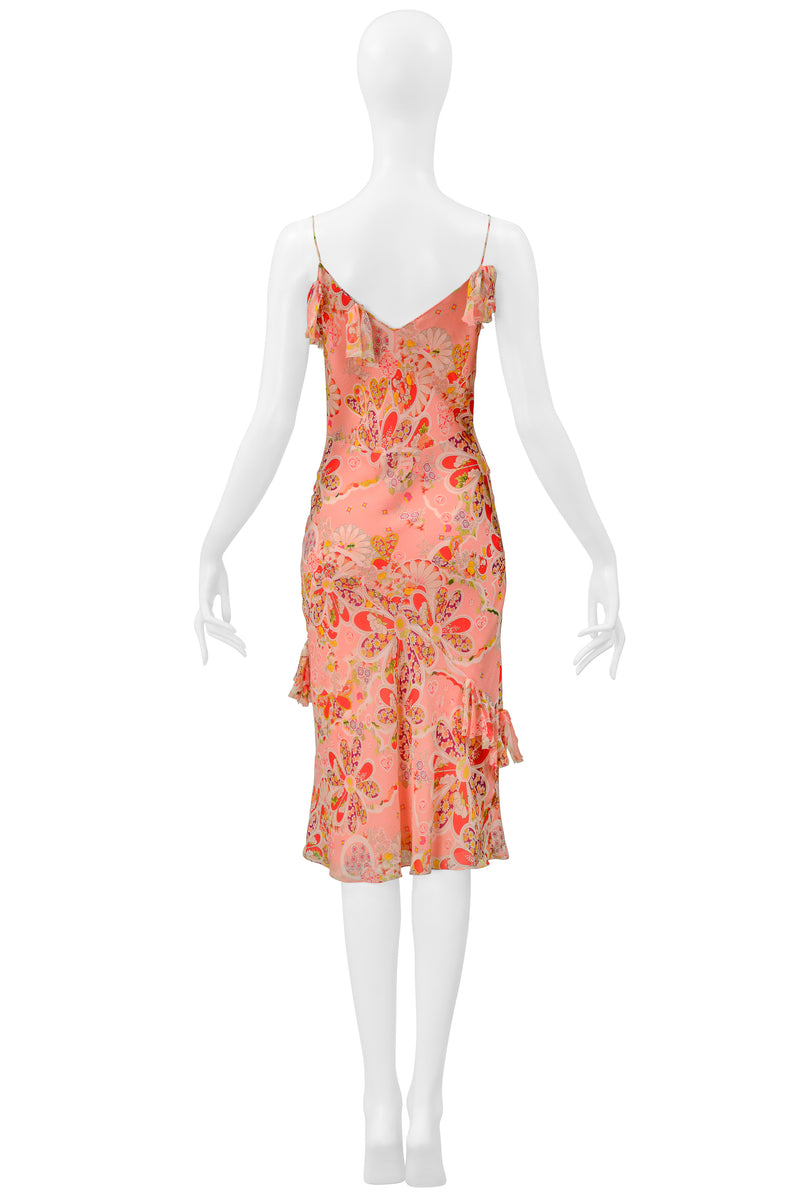 JOHN GALLIANO PINK FLORAL PRINTED SLIP DRESS WITH BOWS