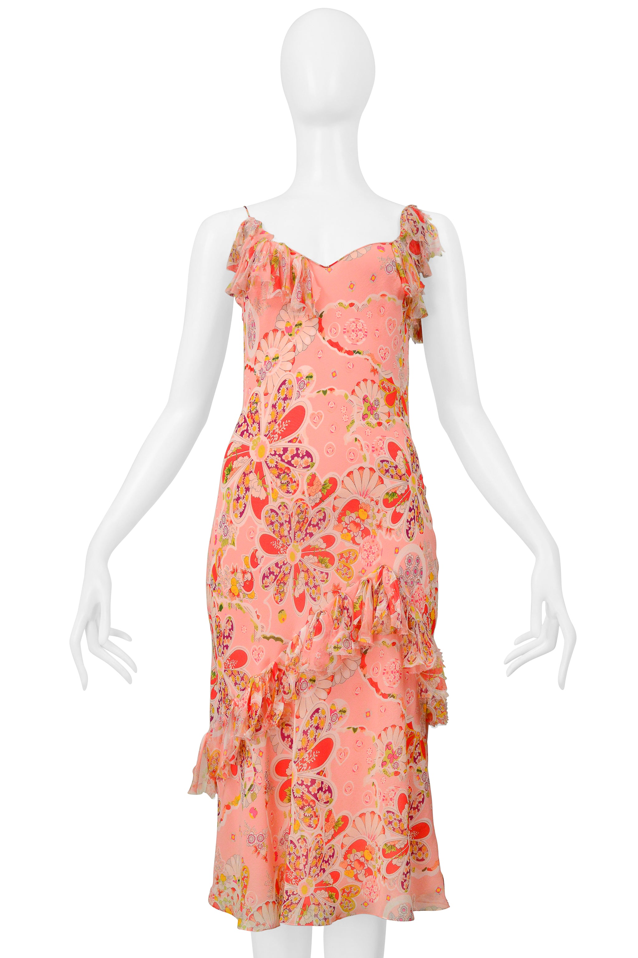 JOHN GALLIANO PINK FLORAL PRINTED SLIP DRESS WITH BOWS