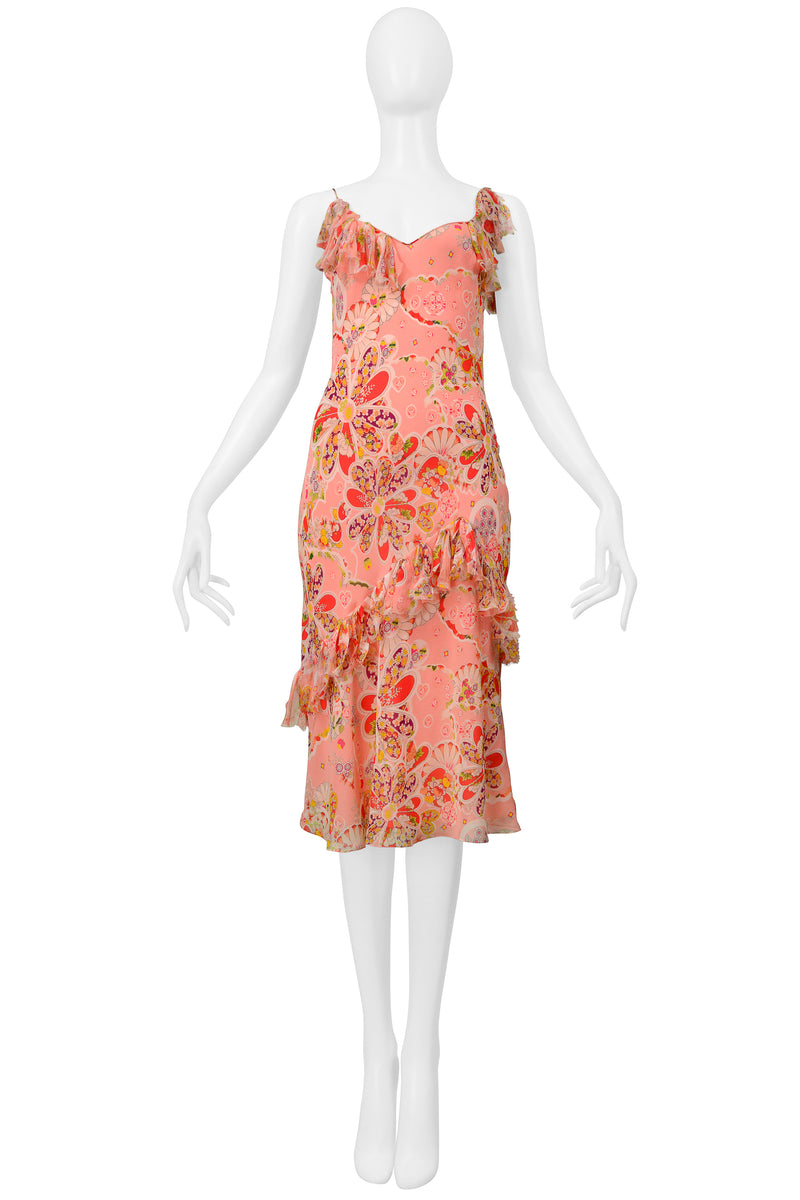 JOHN GALLIANO PINK FLORAL PRINTED SLIP DRESS WITH BOWS