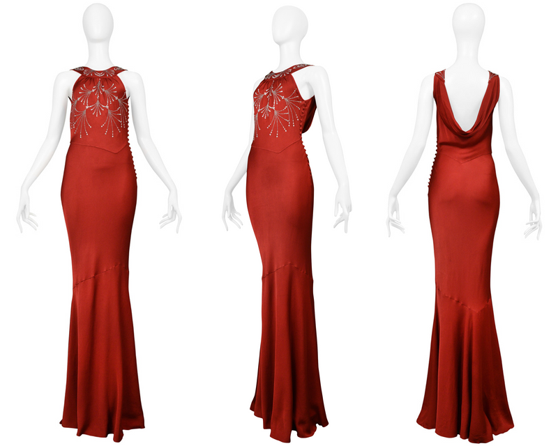 未使用 John Galliano スリッポン 38サイズ JOHN GALLIANO DARK RED SATIN EVENING GOWN WITH RHINESTONES 2008