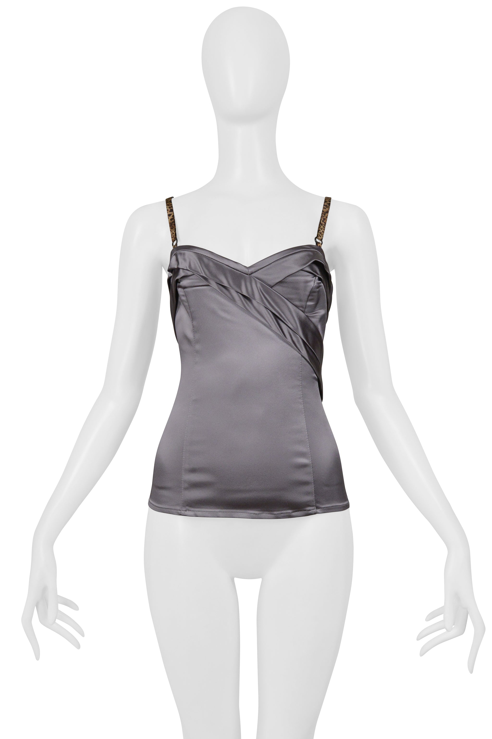 JOHN GALLIANO SILVER SATIN CORSET TOP WITH LEOPARD PRINT STRAPS