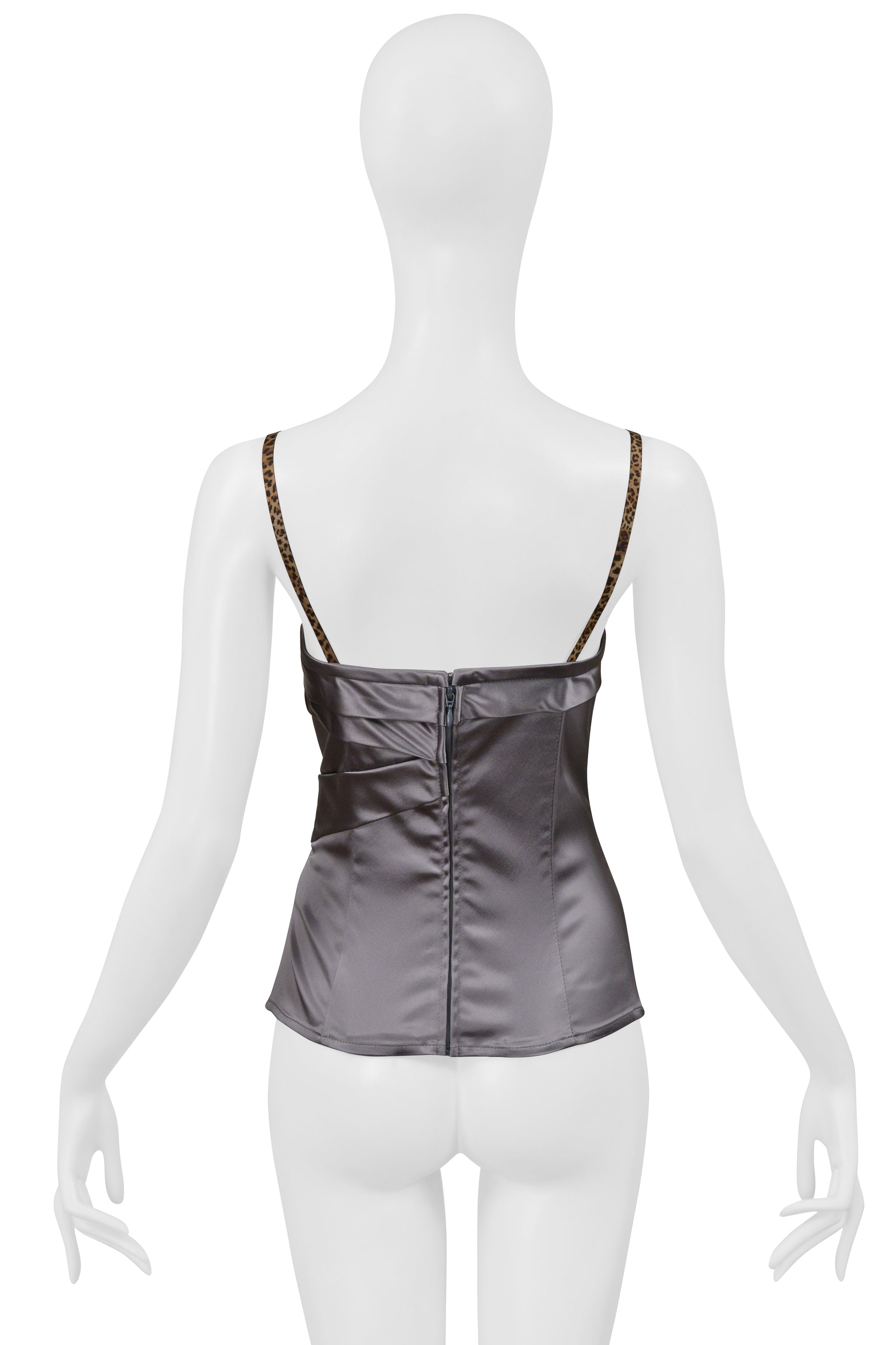 JOHN GALLIANO SILVER SATIN CORSET TOP WITH LEOPARD PRINT STRAPS