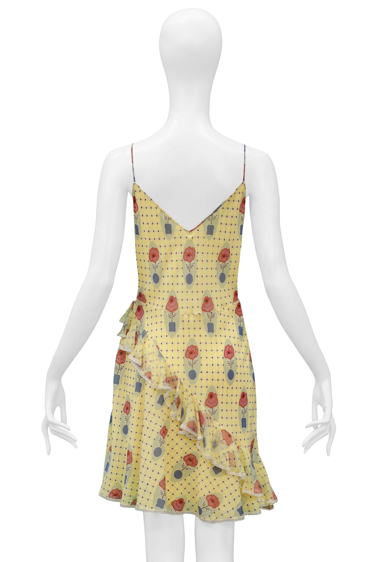 JOHN GALLIANO YELLOW CHECK SLIP DRESS WITH FLOWER POT PATTERN & WHITE LACE TRIM