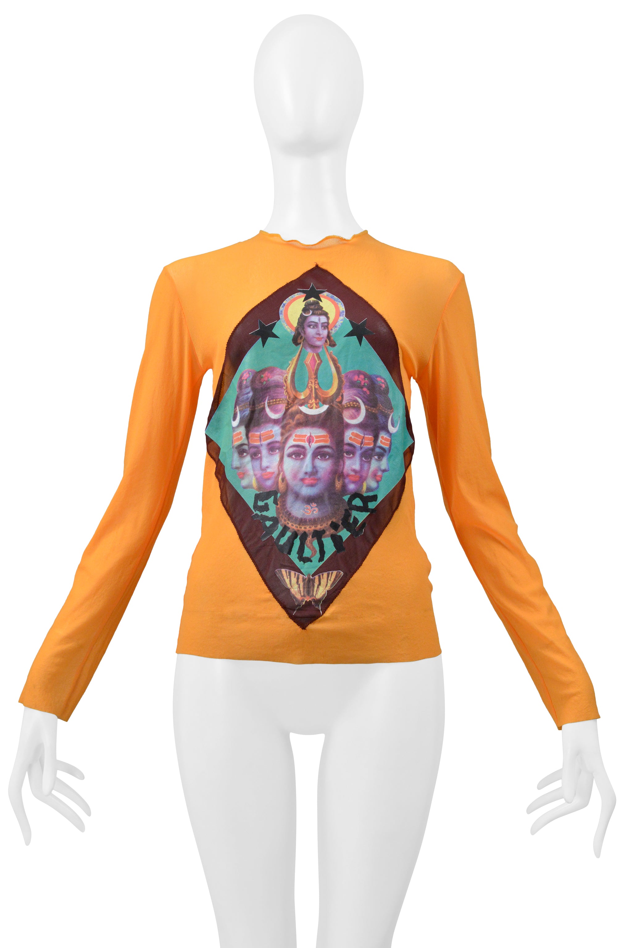 JEAN PAUL GAULTIER ORANGE HINDU SHEER MESH LONG SLEEVE TOP