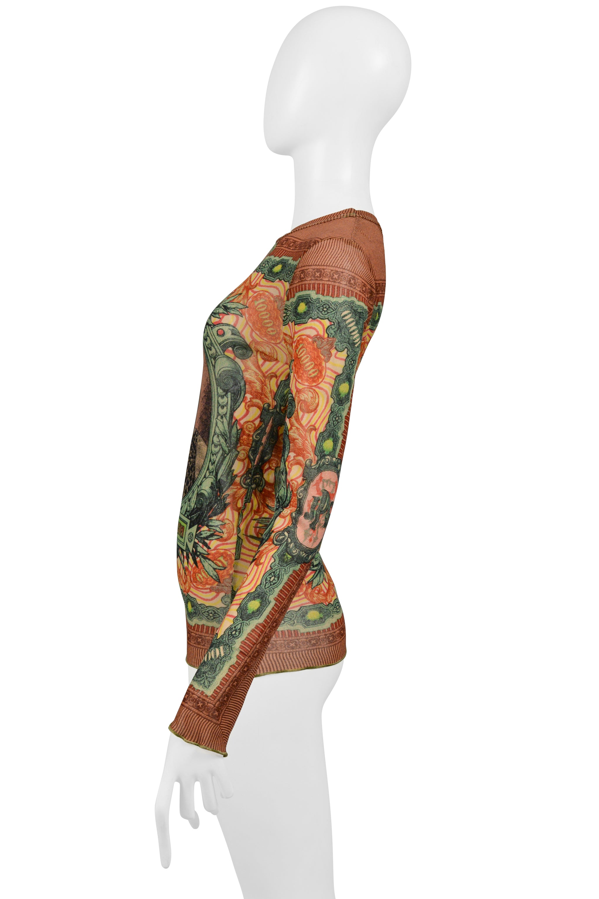 JEAN PAUL GAULTIER MULTICOLOR PORTRAIT & "MONEY" PRINT MESH TOP 1994
