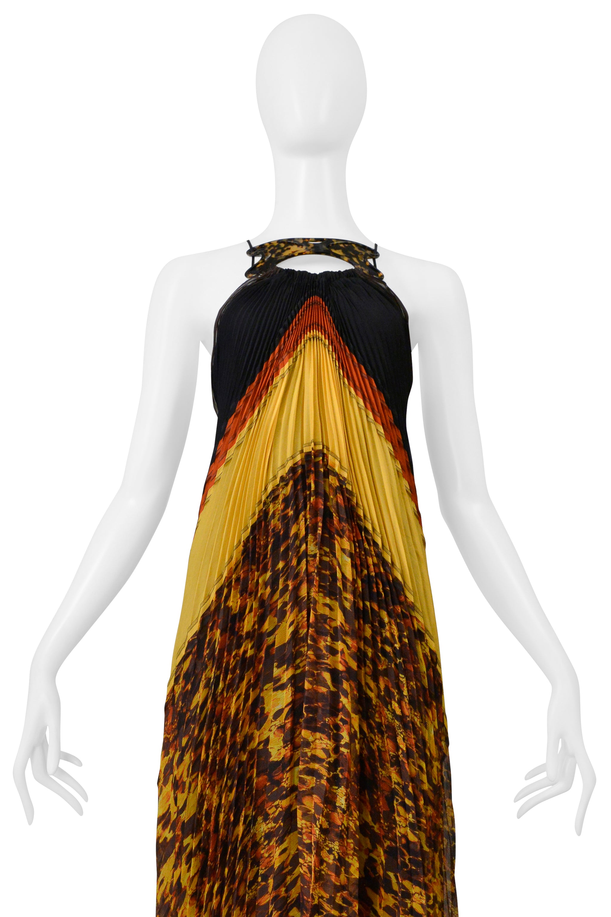 JEAN PAUL GAULTIER YELLOW, RED, AND BLACK PLEATED DRESS WITH TORTOISE COLLAR 2005