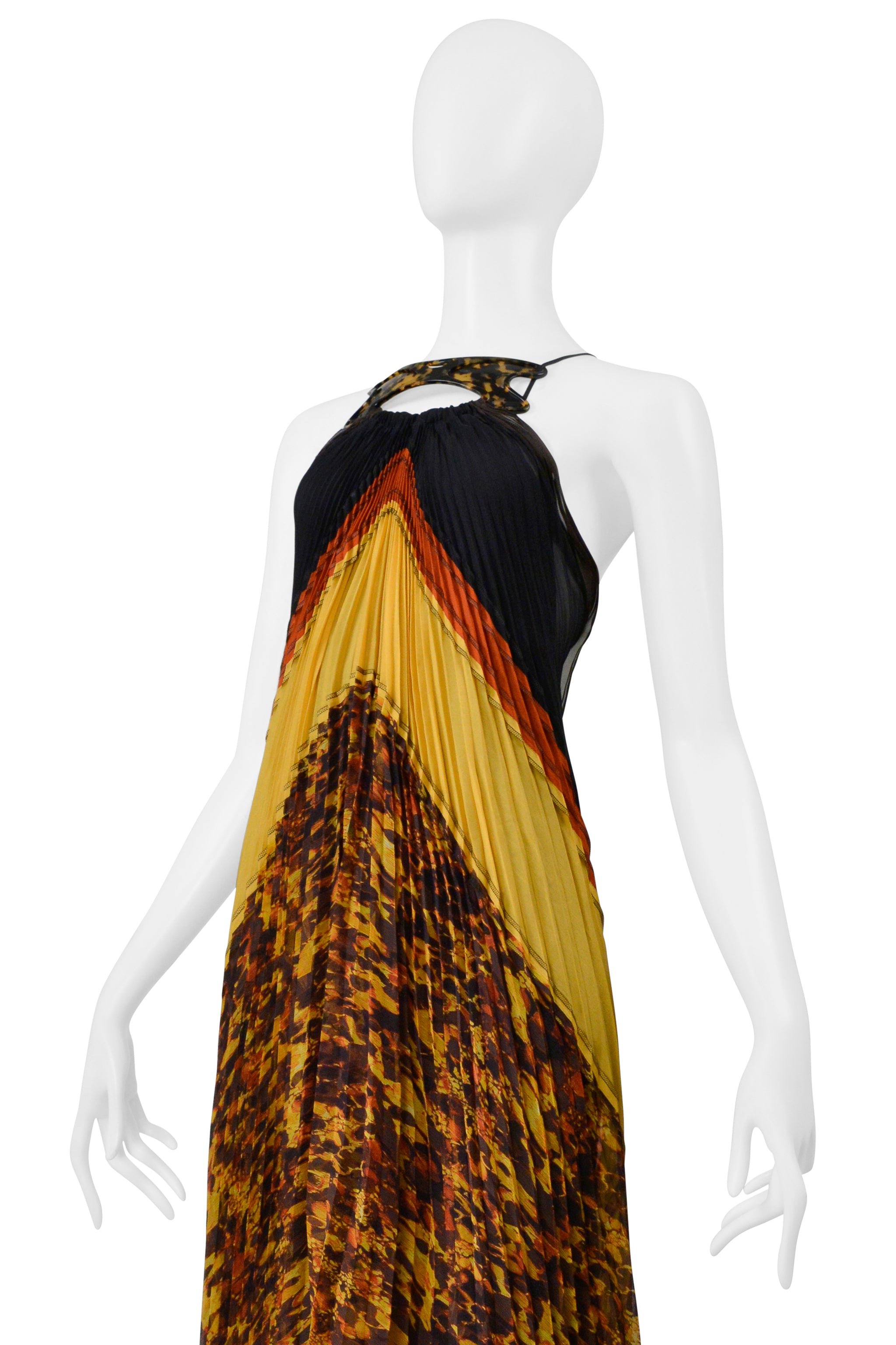 JEAN PAUL GAULTIER YELLOW, RED, AND BLACK PLEATED DRESS WITH TORTOISE COLLAR 2005