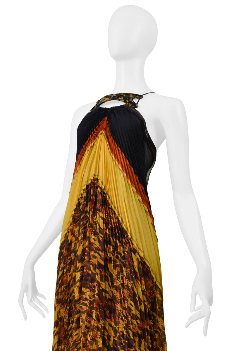 JEAN PAUL GAULTIER YELLOW, RED, AND BLACK PLEATED DRESS WITH TORTOISE COLLAR 2005