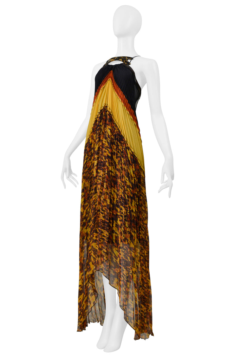 JEAN PAUL GAULTIER YELLOW, RED, AND BLACK PLEATED DRESS WITH TORTOISE COLLAR 2005