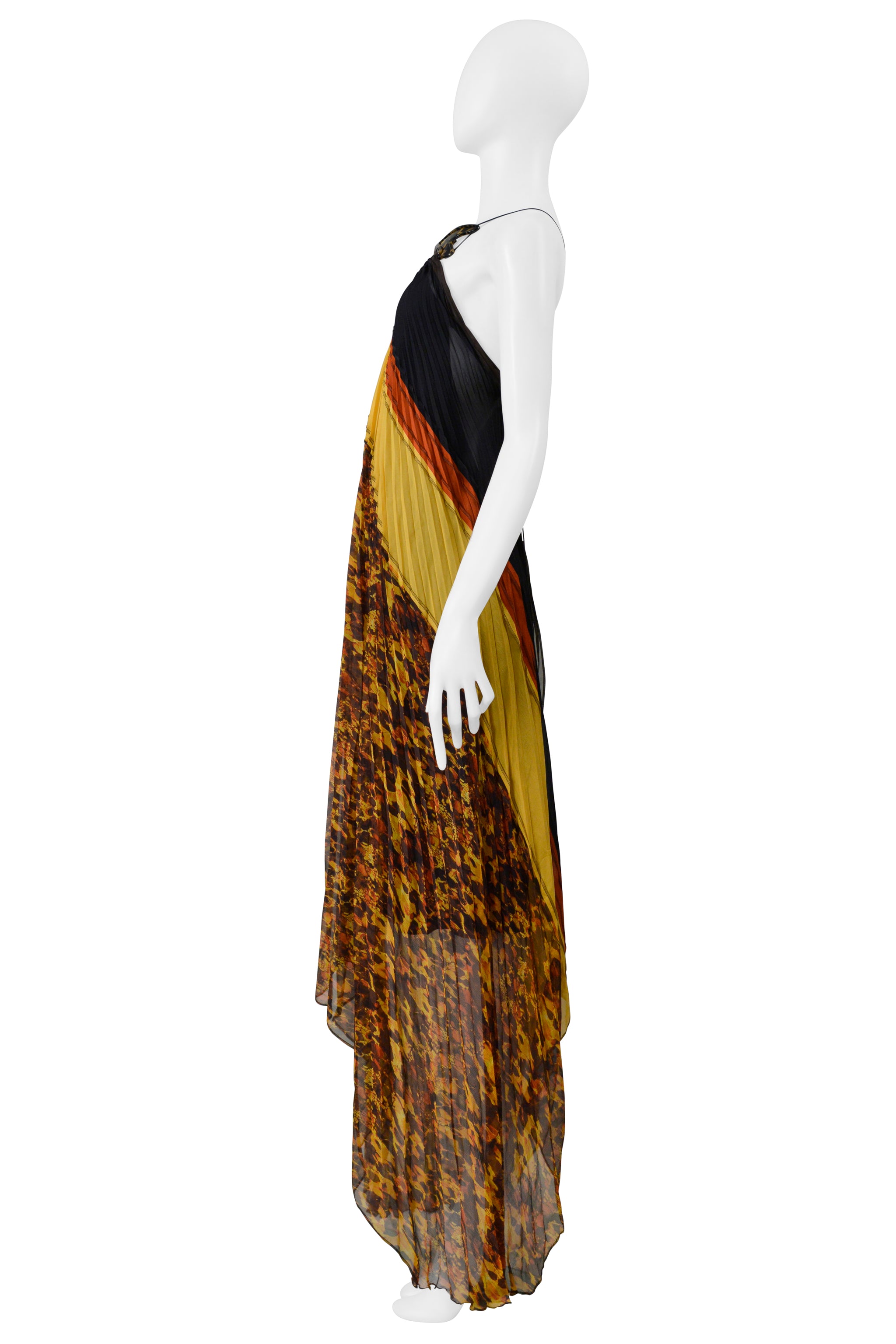 JEAN PAUL GAULTIER YELLOW, RED, AND BLACK PLEATED DRESS WITH TORTOISE COLLAR 2005