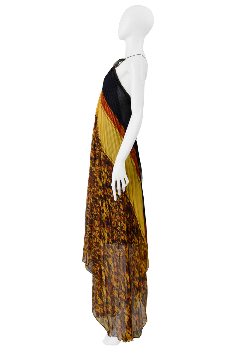 JEAN PAUL GAULTIER YELLOW, RED, AND BLACK PLEATED DRESS WITH TORTOISE COLLAR 2005