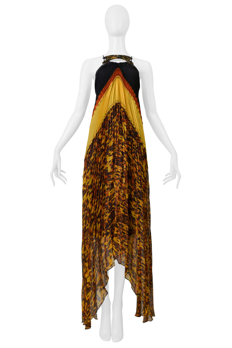 JEAN PAUL GAULTIER YELLOW, RED, AND BLACK PLEATED DRESS WITH TORTOISE COLLAR 2005