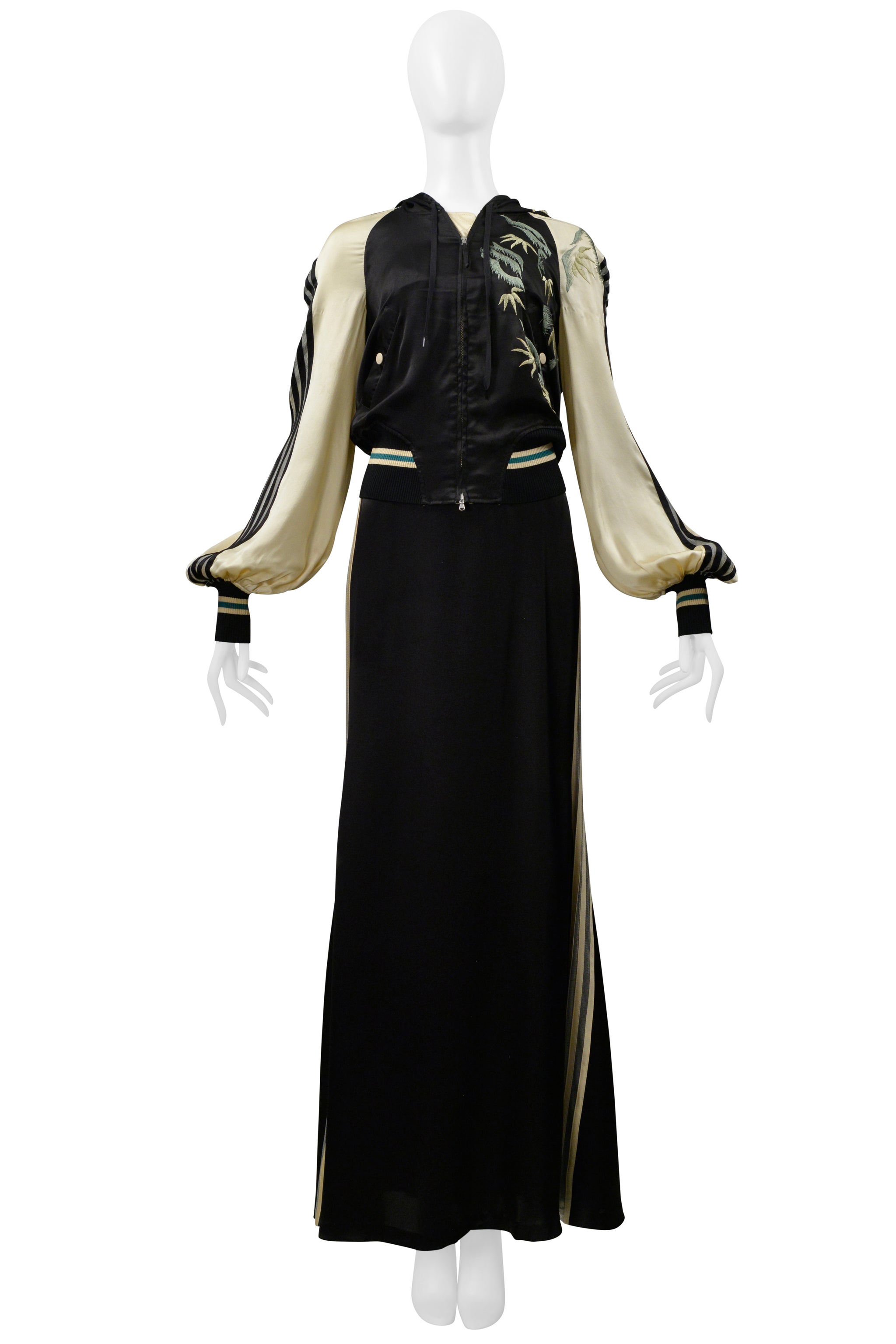 JEAN PAUL GAULTIER 30TH ANNIVERSARY BLACK AND CREAM SATIN ENSEMBLE W MESH STRIPES 2007