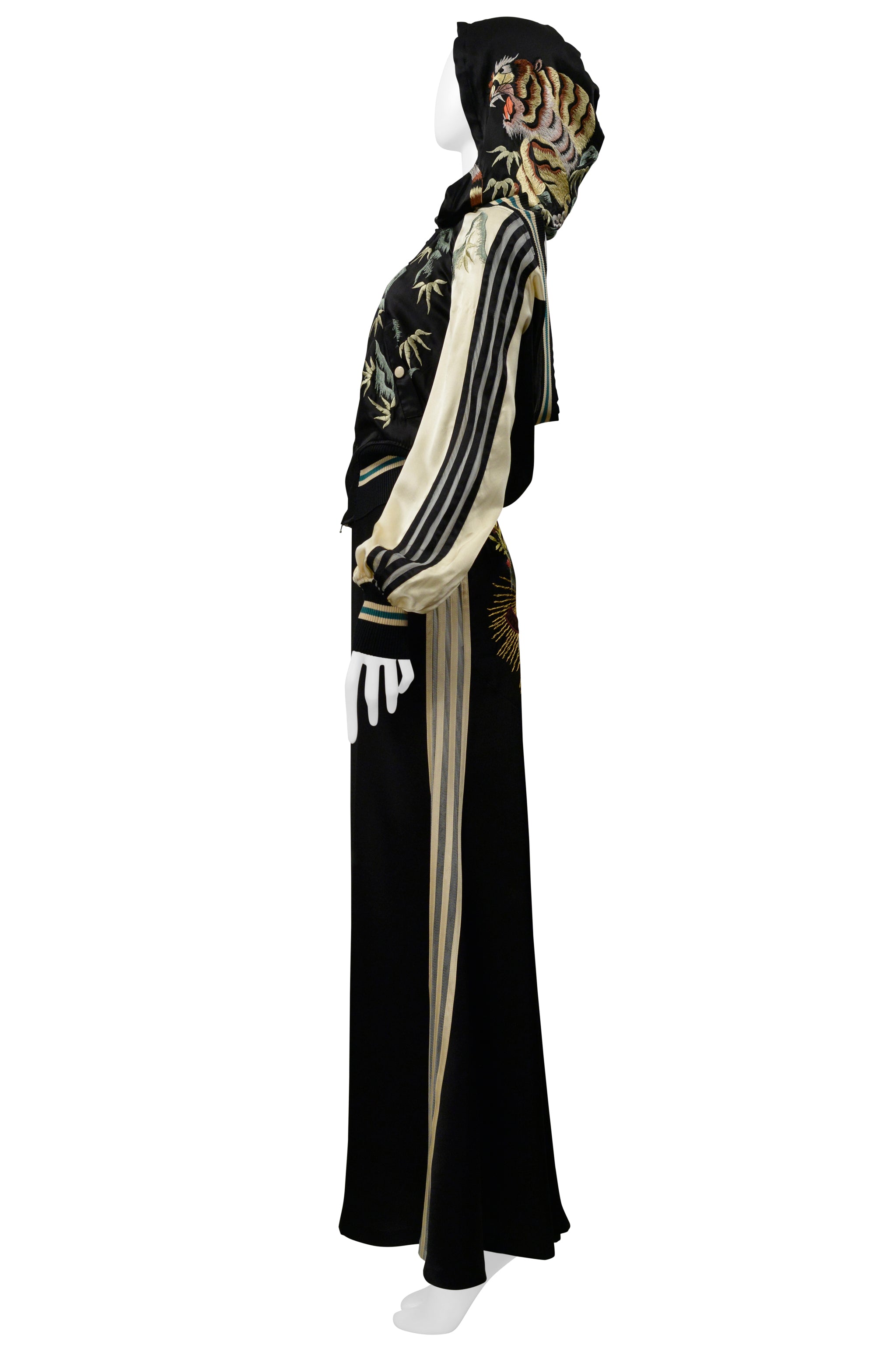 JEAN PAUL GAULTIER 30TH ANNIVERSARY BLACK AND CREAM SATIN ENSEMBLE W MESH STRIPES 2007