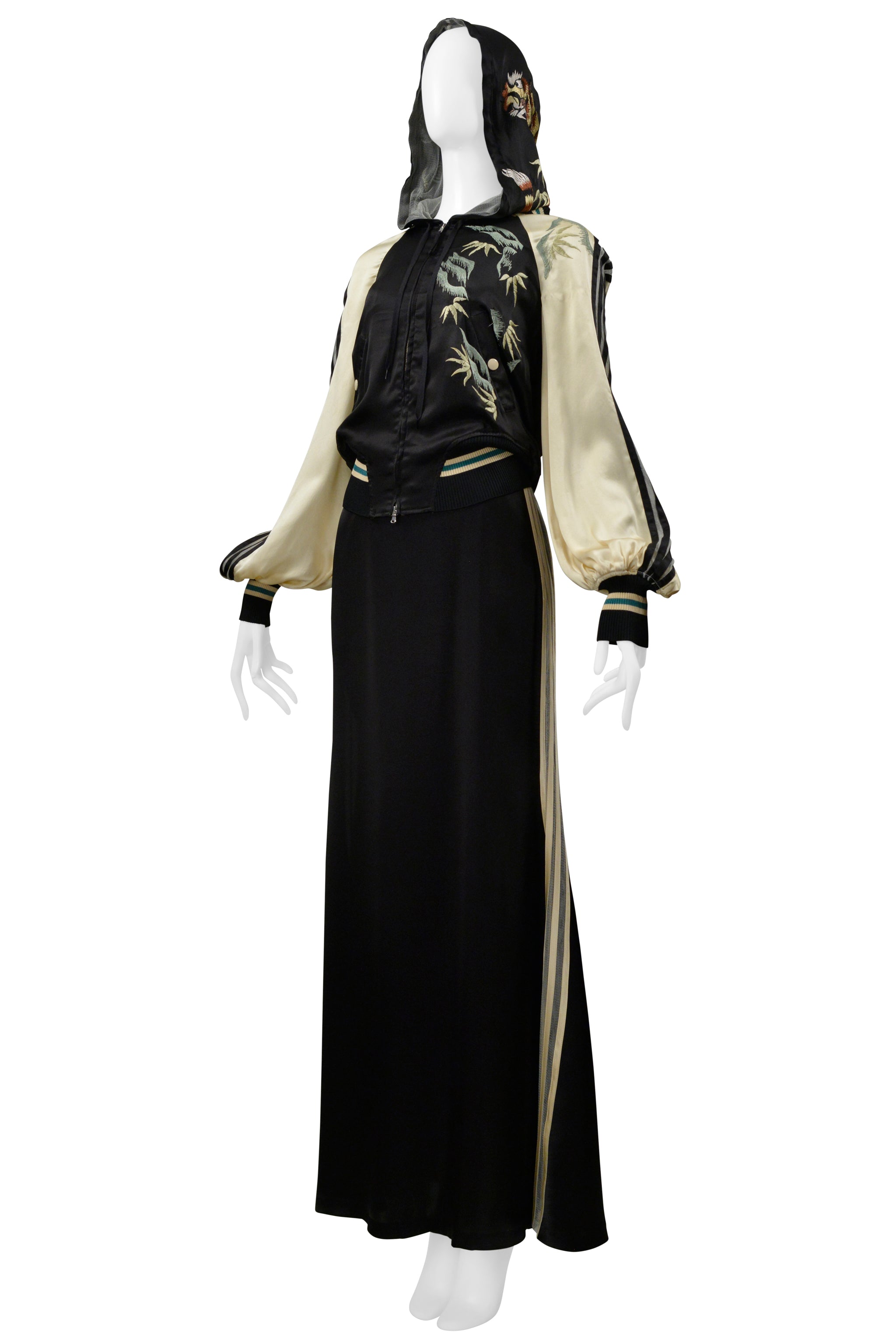 JEAN PAUL GAULTIER 30TH ANNIVERSARY BLACK AND CREAM SATIN ENSEMBLE W MESH STRIPES 2007