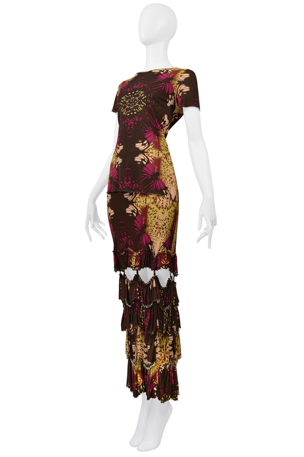 JEAN PAUL GAULTIER FLORAL PRINT TOP AND SKIRT WITH RUFFLES & CUTOUTS