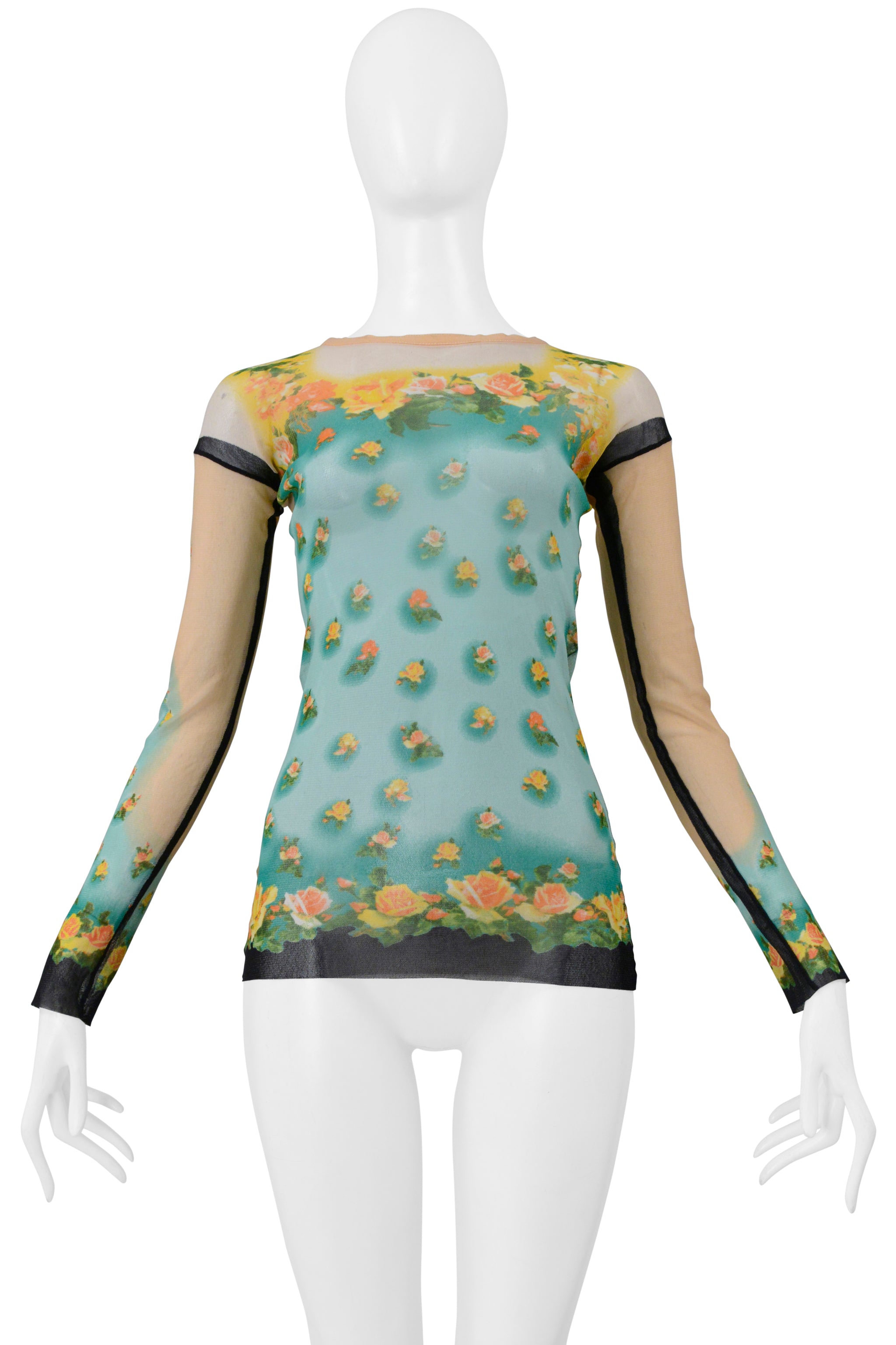 JEAN PAUL GAULTIER MINT GREEN AND PEACH FLORAL MESH LONG SLEEVE TOP
