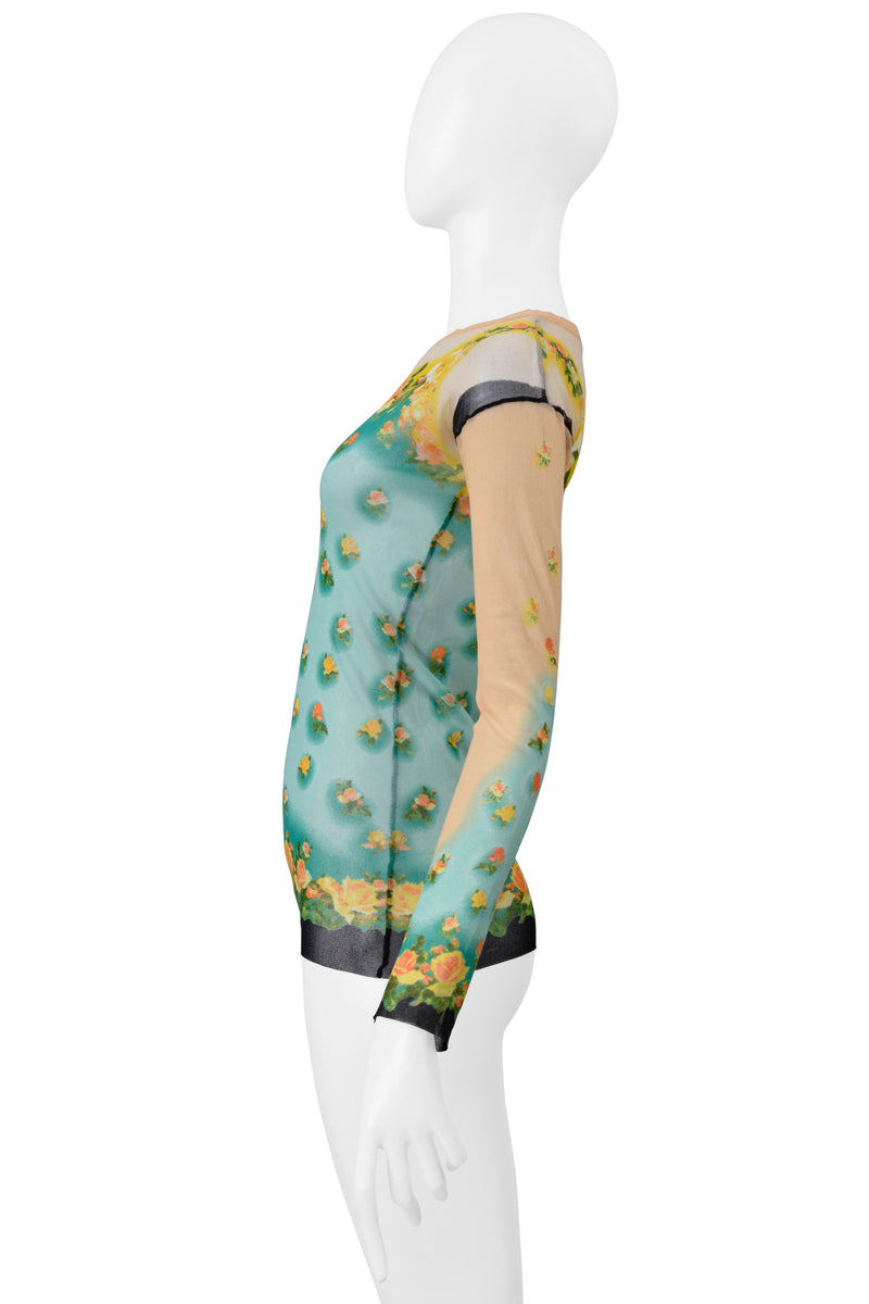 JEAN PAUL GAULTIER MINT GREEN AND PEACH FLORAL MESH LONG SLEEVE TOP