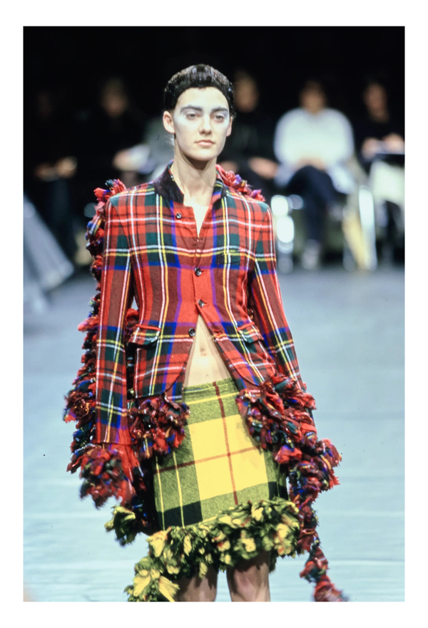 COMME DES GARCONS RED RUFFLE TARTAN JACKET AND PANTS SUIT ENSEMBLE 2000