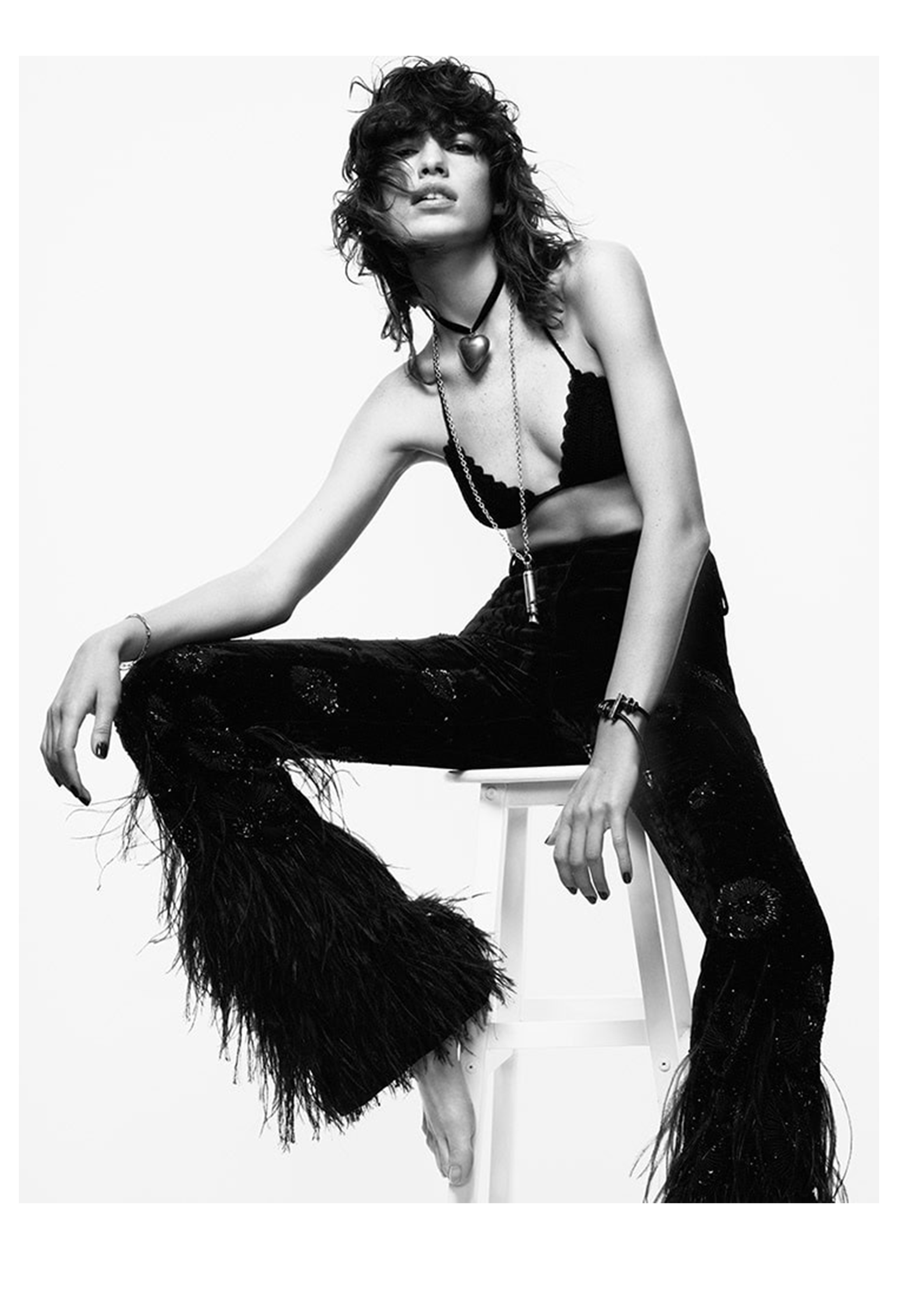 SAINT LAURENT PARIS BLACK VELVET AND FEATHER FLARE PANTS WITH INTRICATE BEADING 2022