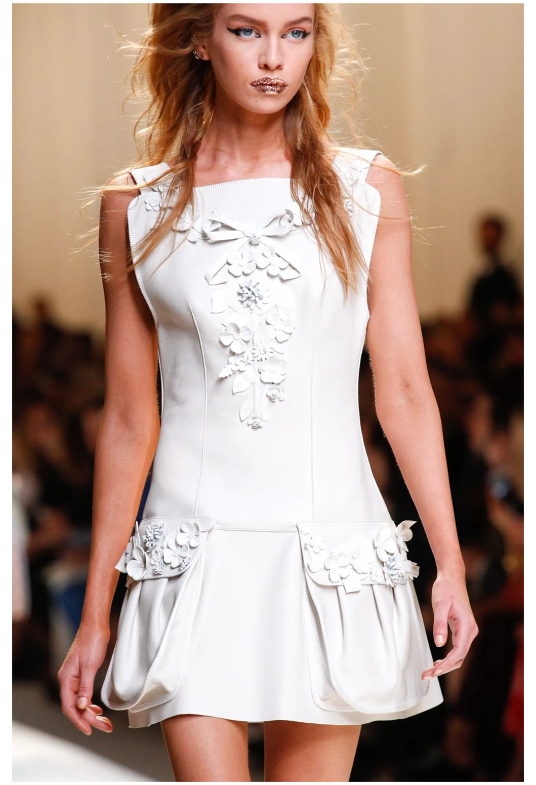 FENDI BY KARL LAGERFELD BLACK LEATHER DRESS WITH FLORAL APPLIQUE 2017