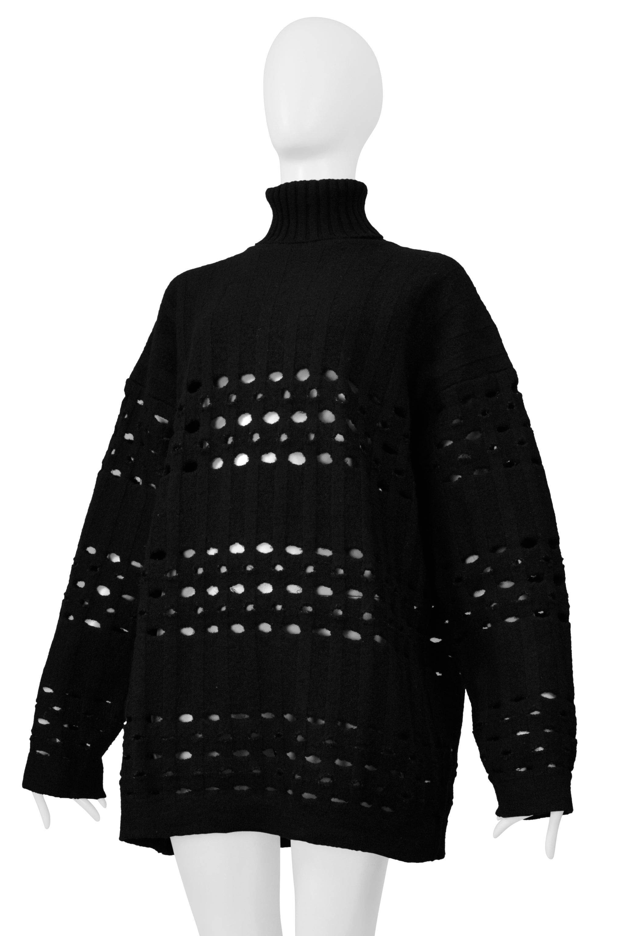 ROMEO GIGLI BLACK OVERSIZED LASER PULLOVER SWEATER WITH HIGH NECK 1996