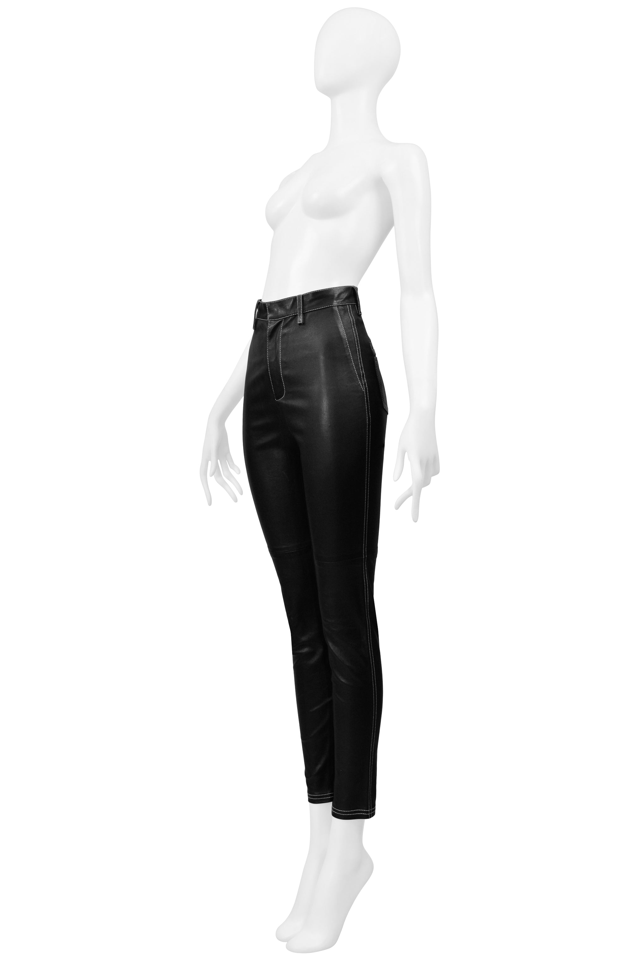 GIVENCHY BY RICCARDO TISCI  BLACK LEATHER PANTS WITH WHITE STITCHING 2015