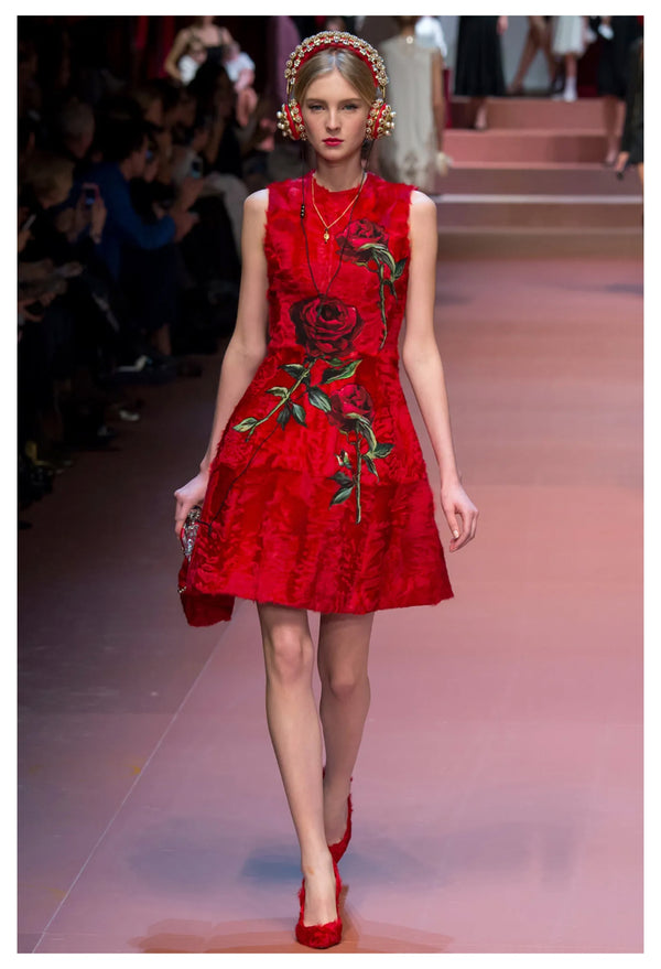 DOLCE & GABBANA  RED FUR DRESS WITH ROSE APPLIQUES 2015 AW