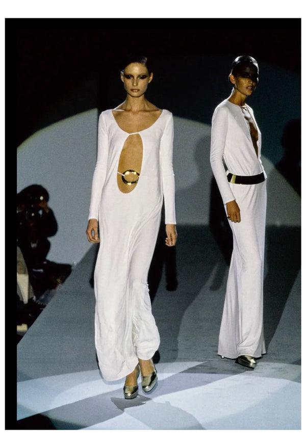 GUCCI BY TOM FORD ICONIC CUTOUT GOWN WITH GOLD BELT 1996