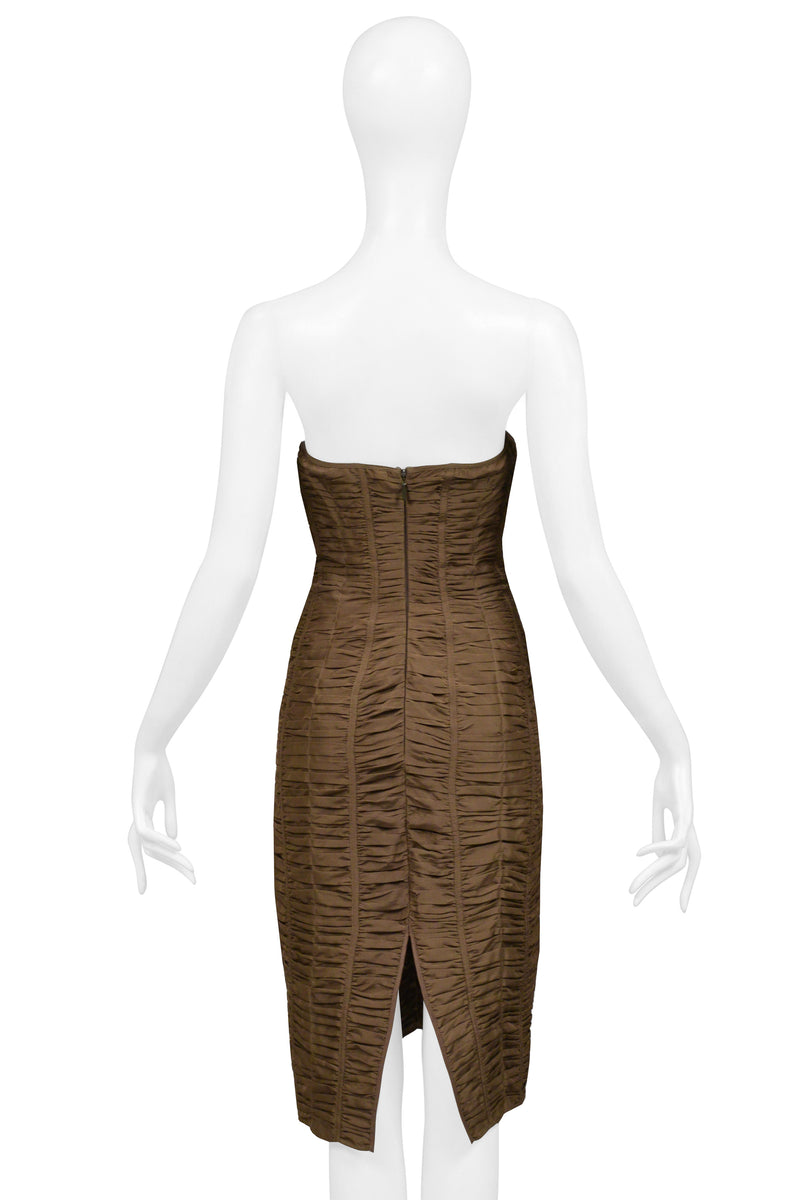 GUCCI BY TOM FORD BROWN PLEATED STRAPLESS COCKTAIL DRESS 2001