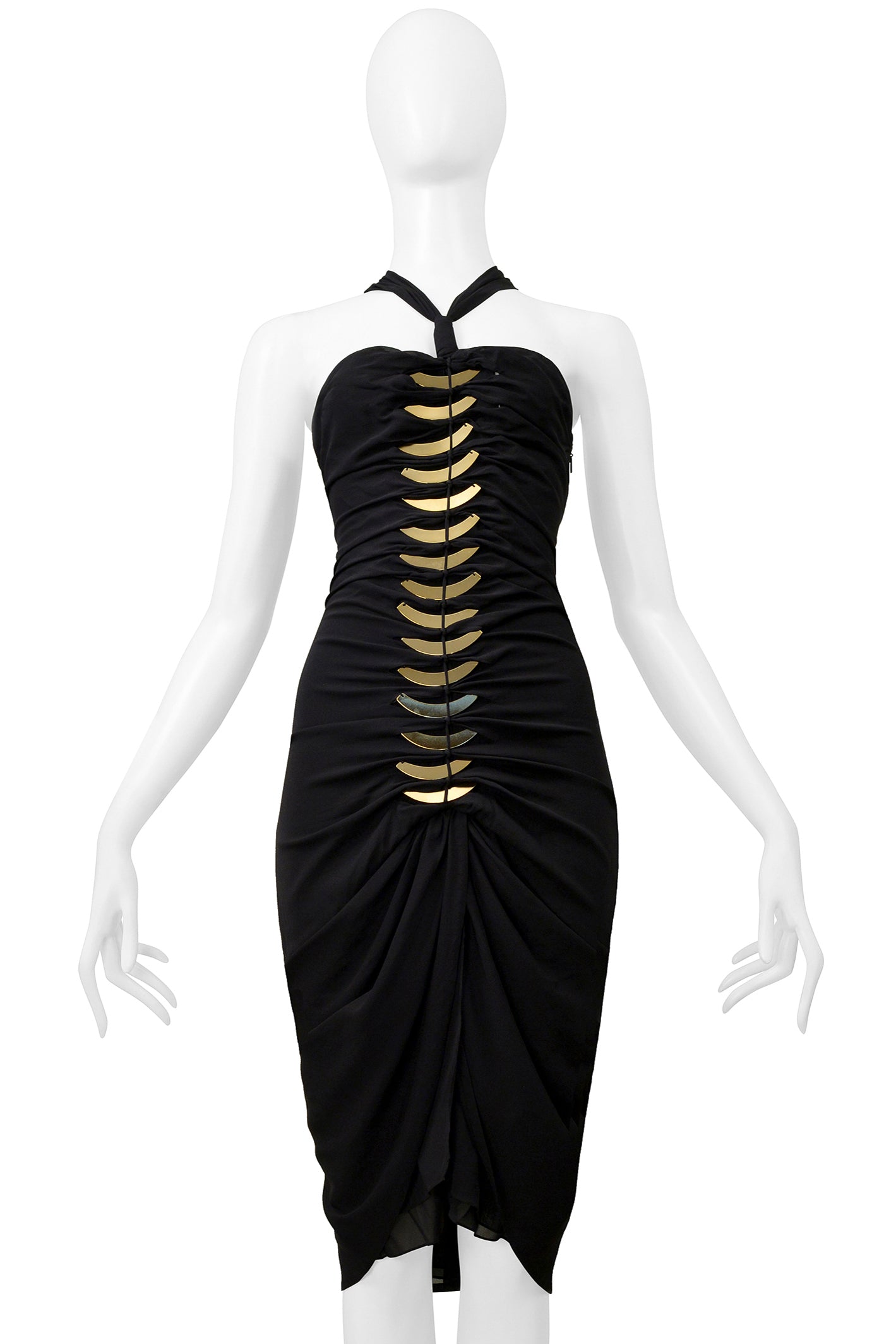 GUCCI BY TOM FORD BLACK CUTOUT DRESS WITH GOLD FAN HARDWARE 2004