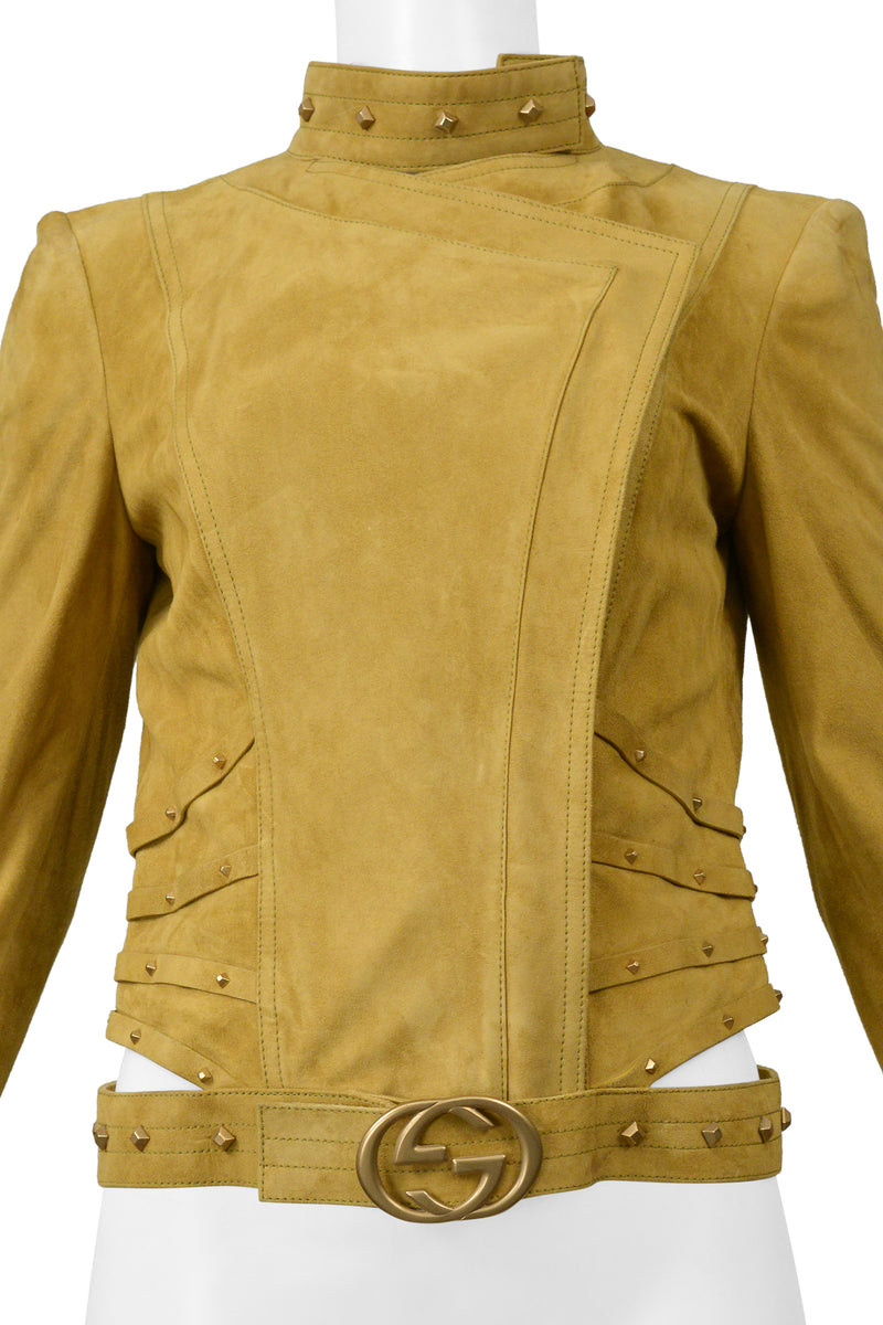 GUCCI BY TOM FORD GOLD SUEDE MOTO JACKET WITH CUT OUTS & STUDS