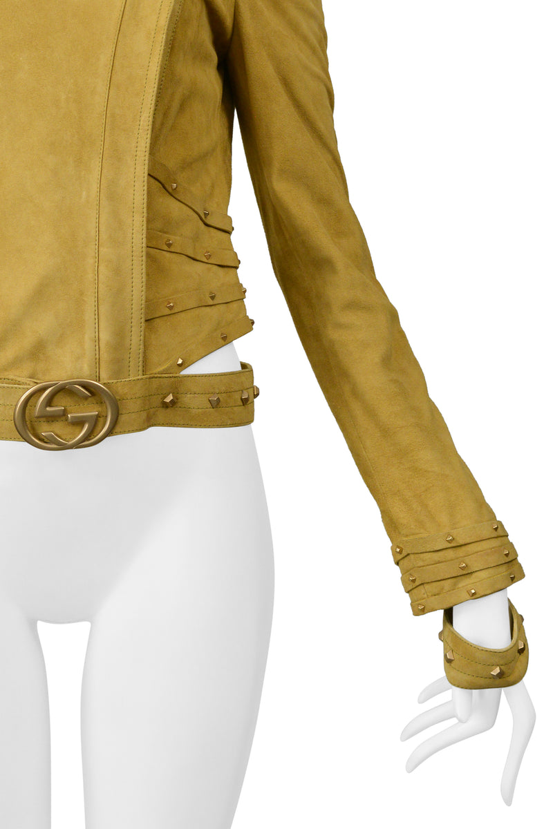 GUCCI BY TOM FORD GOLD SUEDE MOTO JACKET WITH CUT OUTS & STUDS