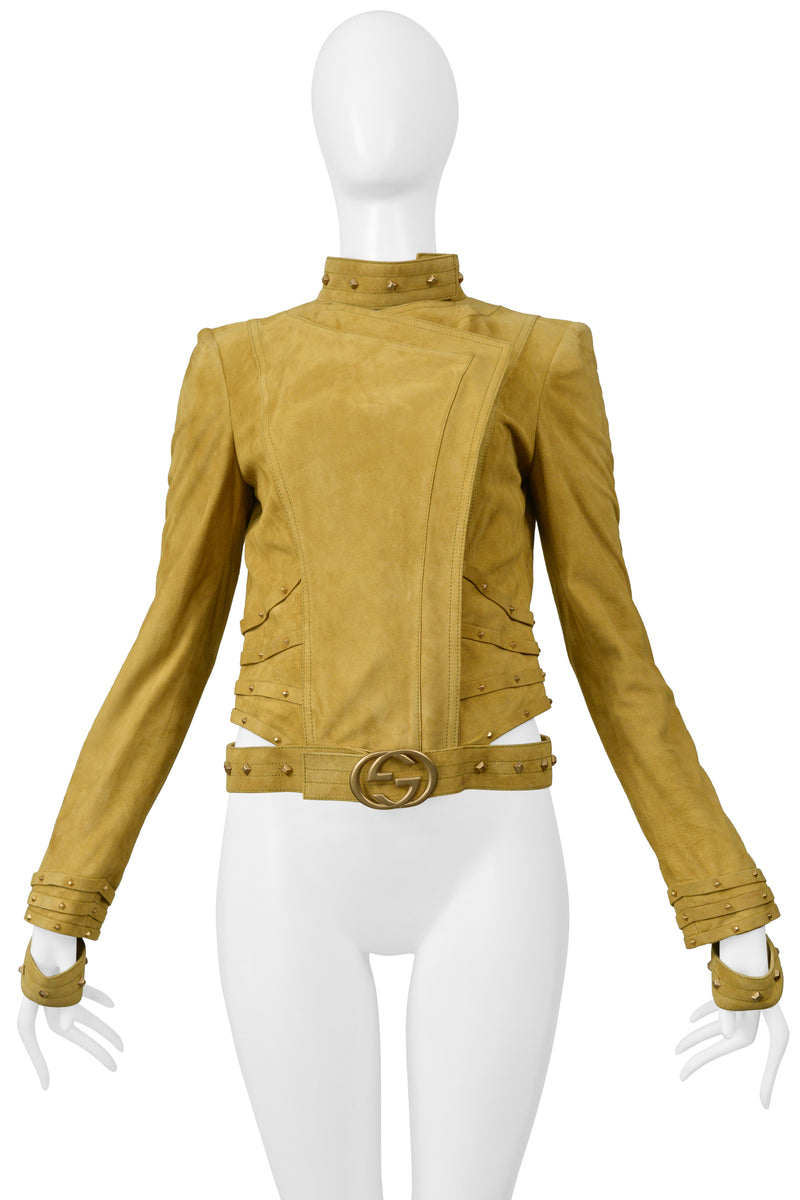 GUCCI BY TOM FORD GOLD SUEDE MOTO JACKET WITH CUT OUTS & STUDS