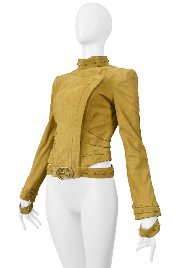 GUCCI BY TOM FORD GOLD SUEDE MOTO JACKET WITH CUT OUTS & STUDS