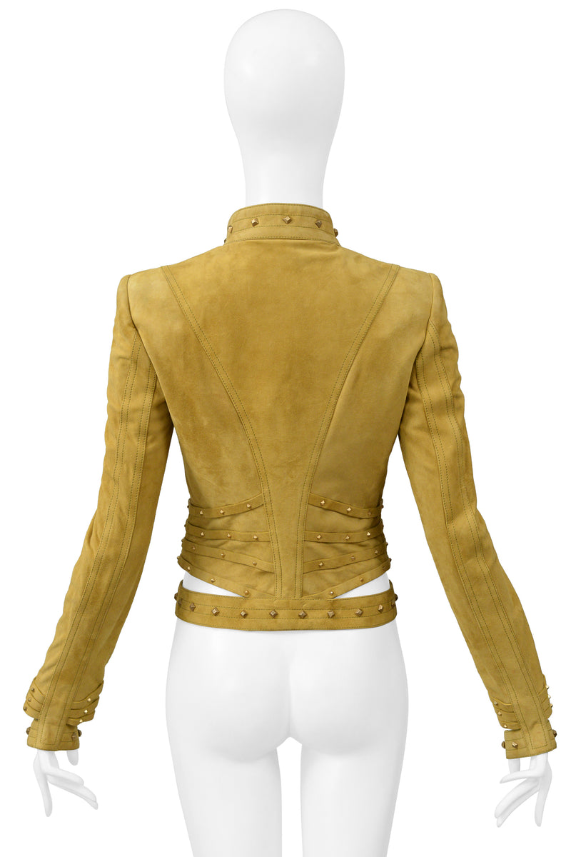 GUCCI BY TOM FORD GOLD SUEDE MOTO JACKET WITH CUT OUTS & STUDS