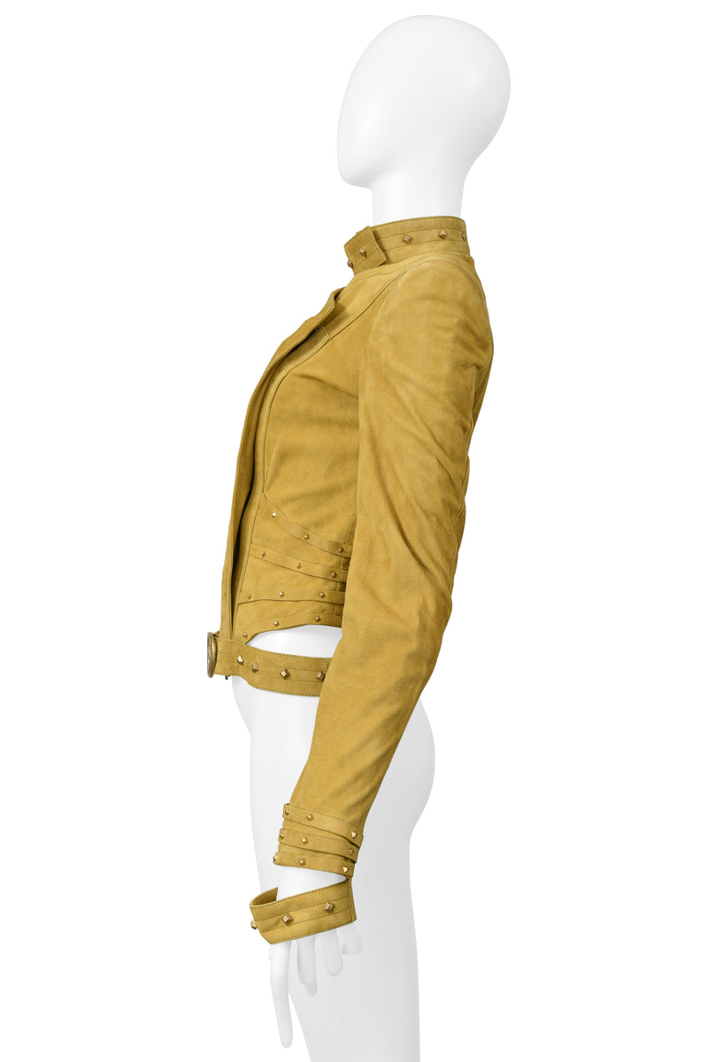 GUCCI BY TOM FORD GOLD SUEDE MOTO JACKET WITH CUT OUTS & STUDS