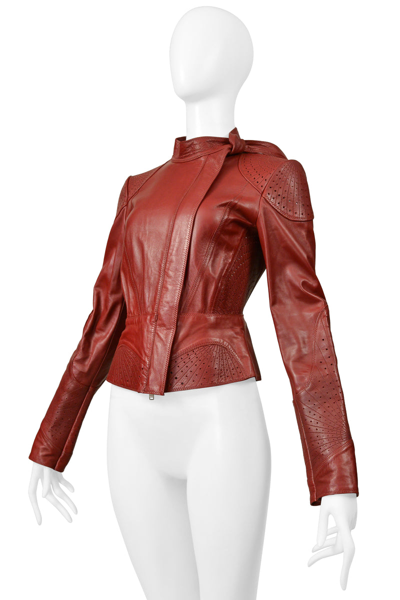 GUCCI BY TOM FORD RED LEATHER PERFORATED MOTO JACKET