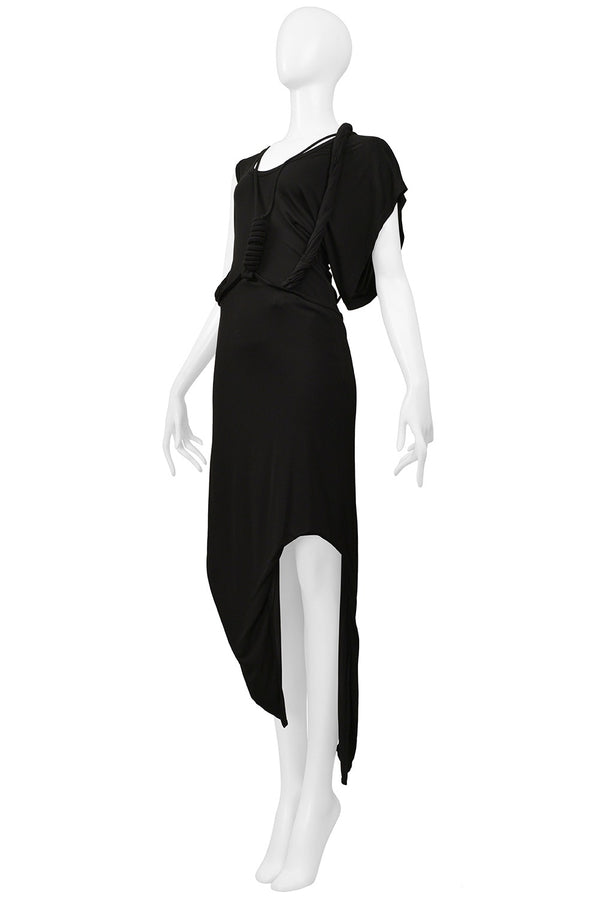 HELMUT LANG BLACK CONCEPT DRESS WITH CABLES & KNOTS 2005