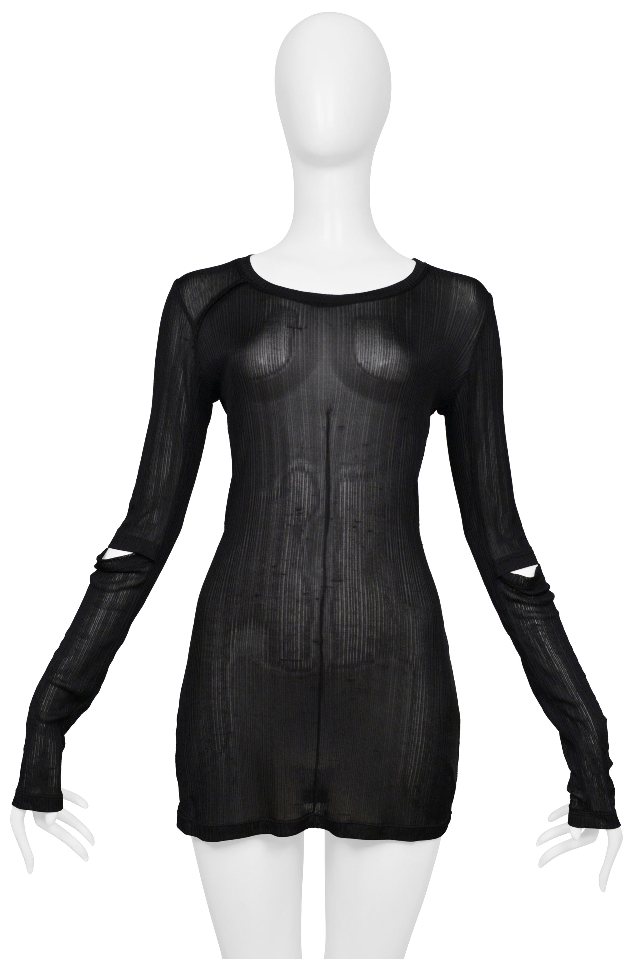 HELMUT LANG BLACK SHEER LONG SLEEVE TOP WITH CUT OUT SLEEVES