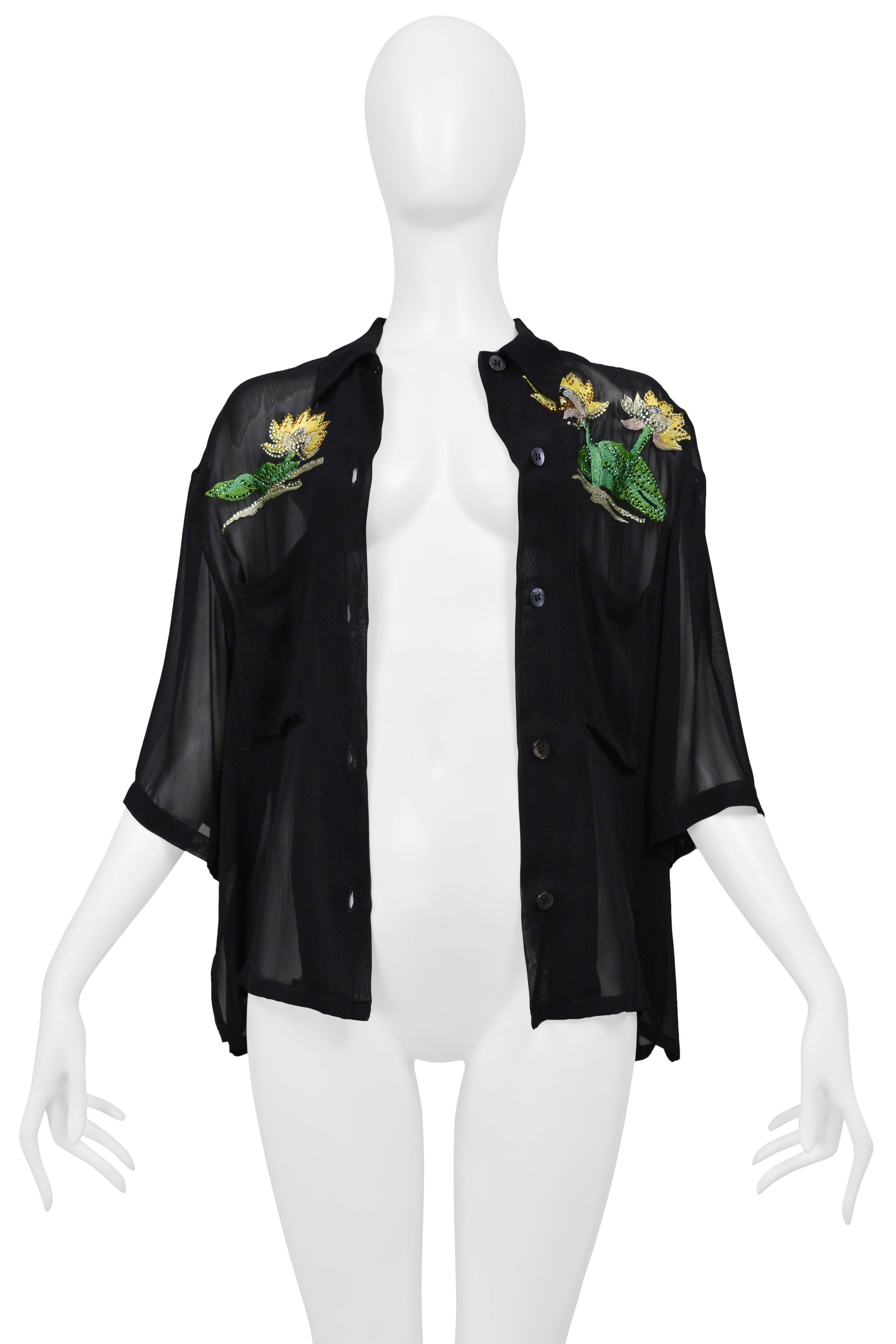 ICEBERG BLACK SILK SHEER TOP WITH YELLOW FLORAL EMBROIDERY & RHINESTONES