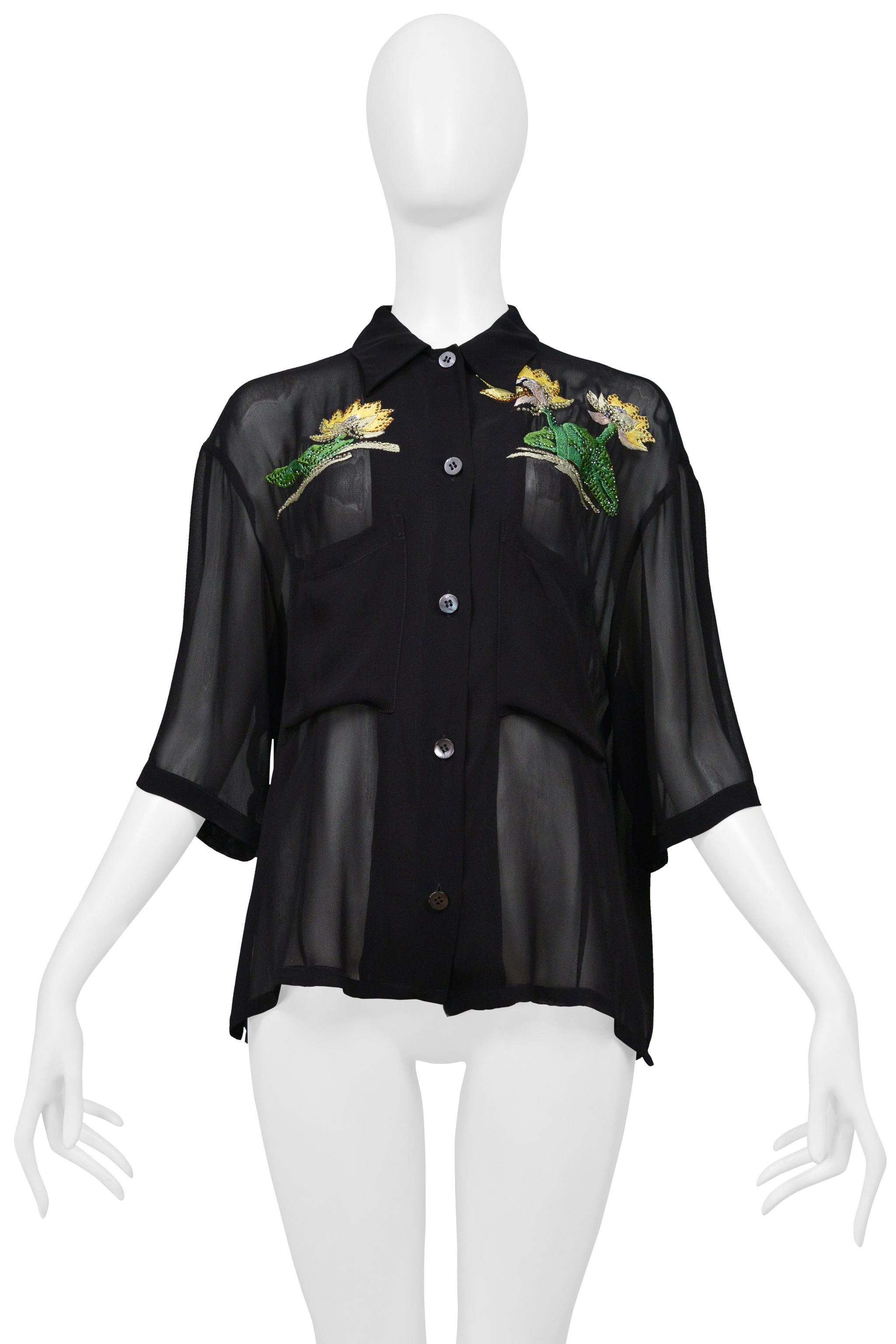 ICEBERG BLACK SILK SHEER TOP WITH YELLOW FLORAL EMBROIDERY & RHINESTONES