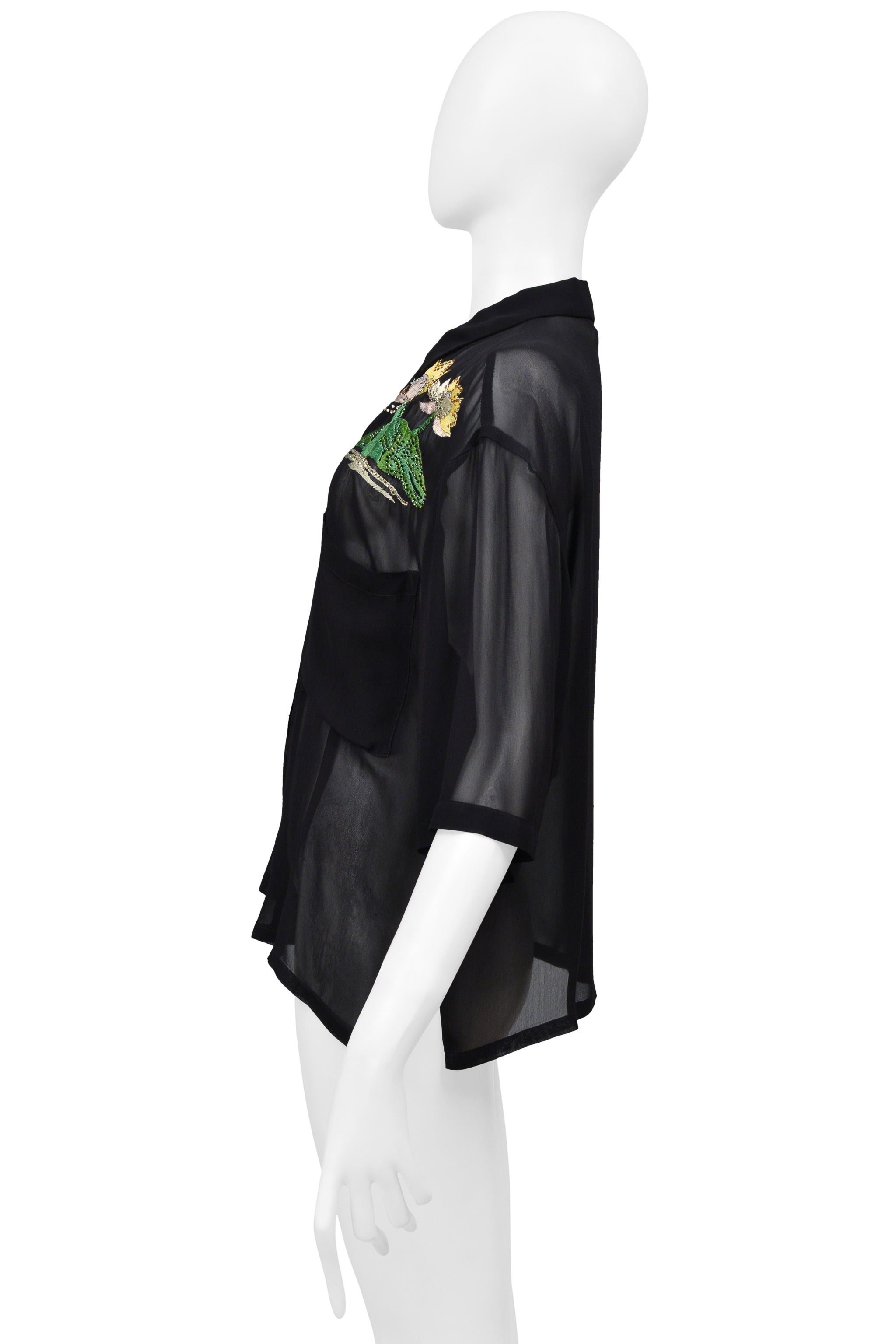 ICEBERG BLACK SILK SHEER TOP WITH YELLOW FLORAL EMBROIDERY & RHINESTONES