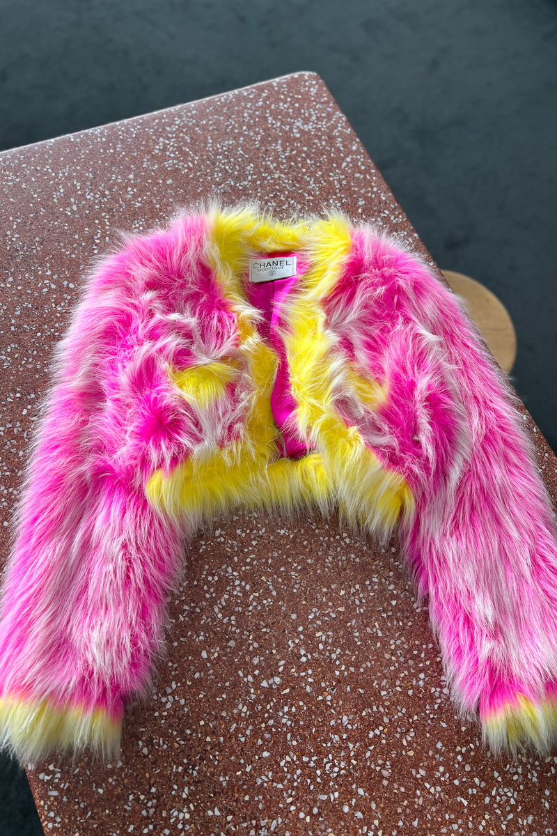 CHANEL ICONIC HOT PINK AND NEON YELLOW FAUX FUR CROPPED JACKET 1994