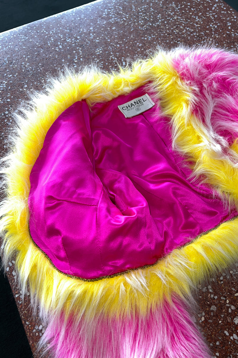 CHANEL ICONIC HOT PINK AND NEON YELLOW FAUX FUR CROPPED JACKET 1994