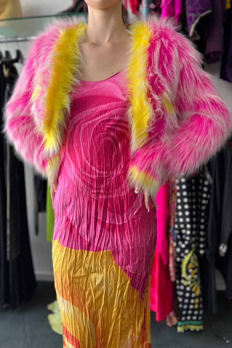 CHANEL ICONIC HOT PINK AND NEON YELLOW FAUX FUR CROPPED JACKET 1994