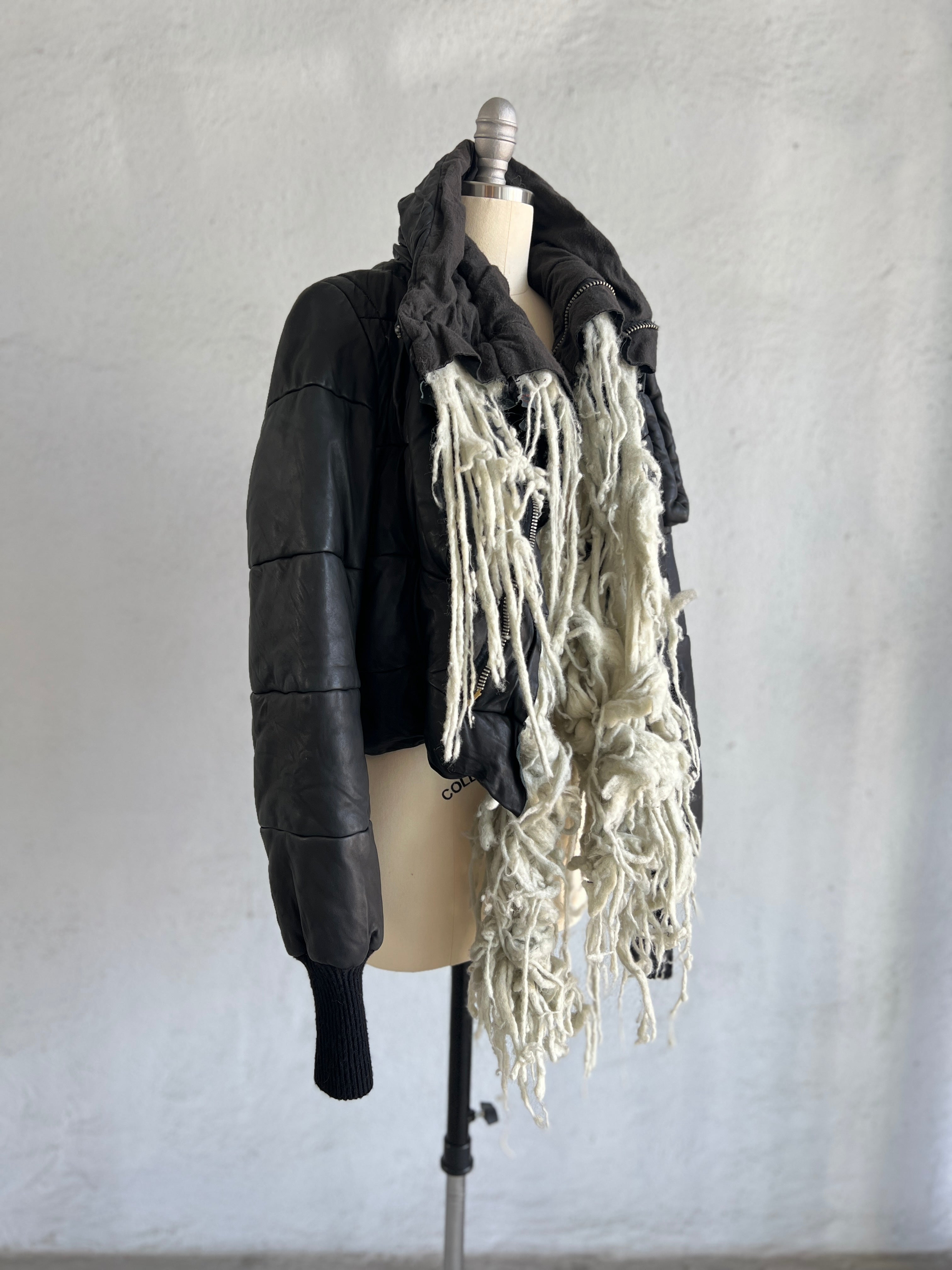 RICK OWENS BLACK LEATHER PADDED JACKET WITH  WOOL TUFTS AW 2003