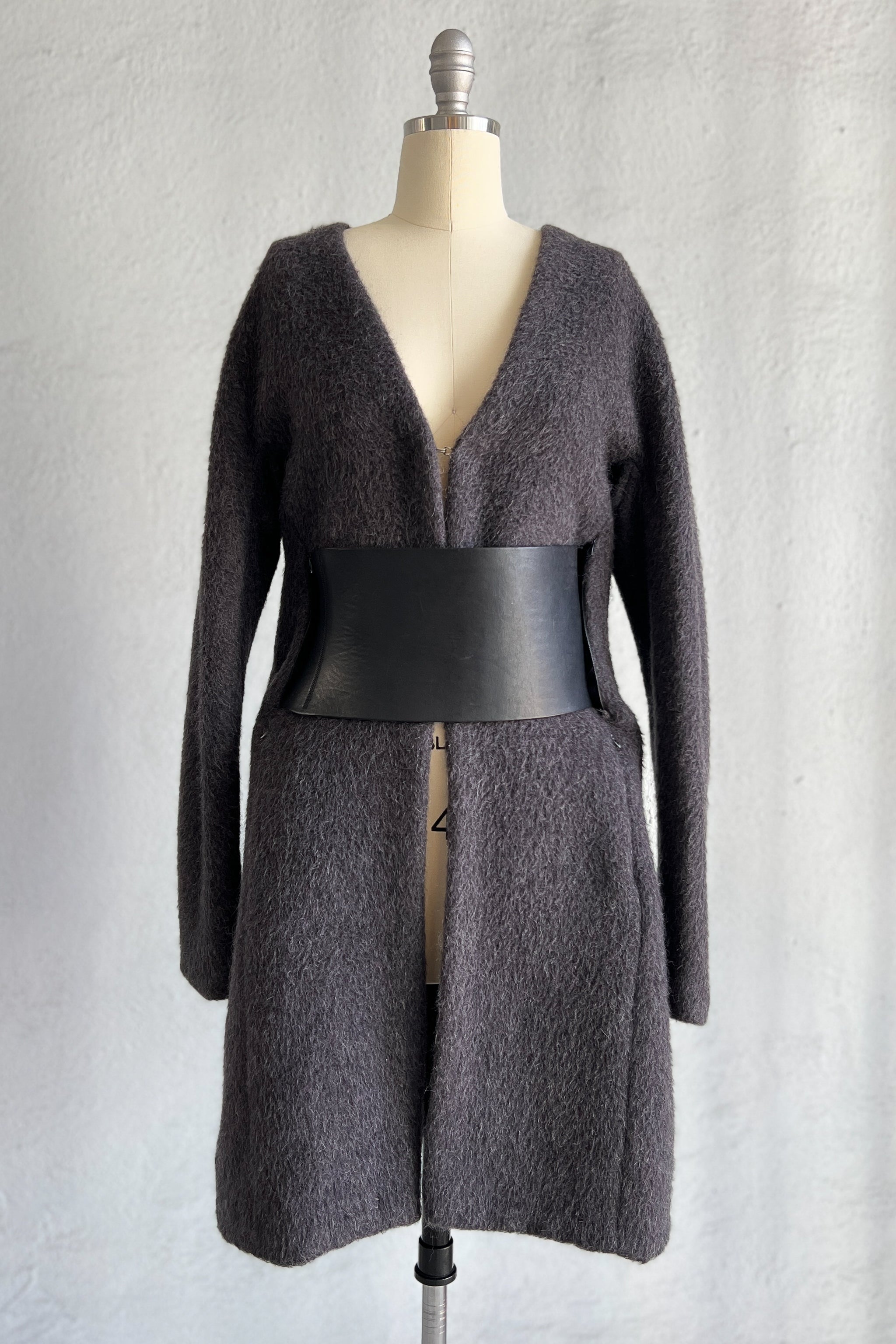 MAISON MARTIN MARGIELA GREY MOHAIR COAT WITH VERTICAL ZIPPERS AND LEATHER OBI BELT AW 1996